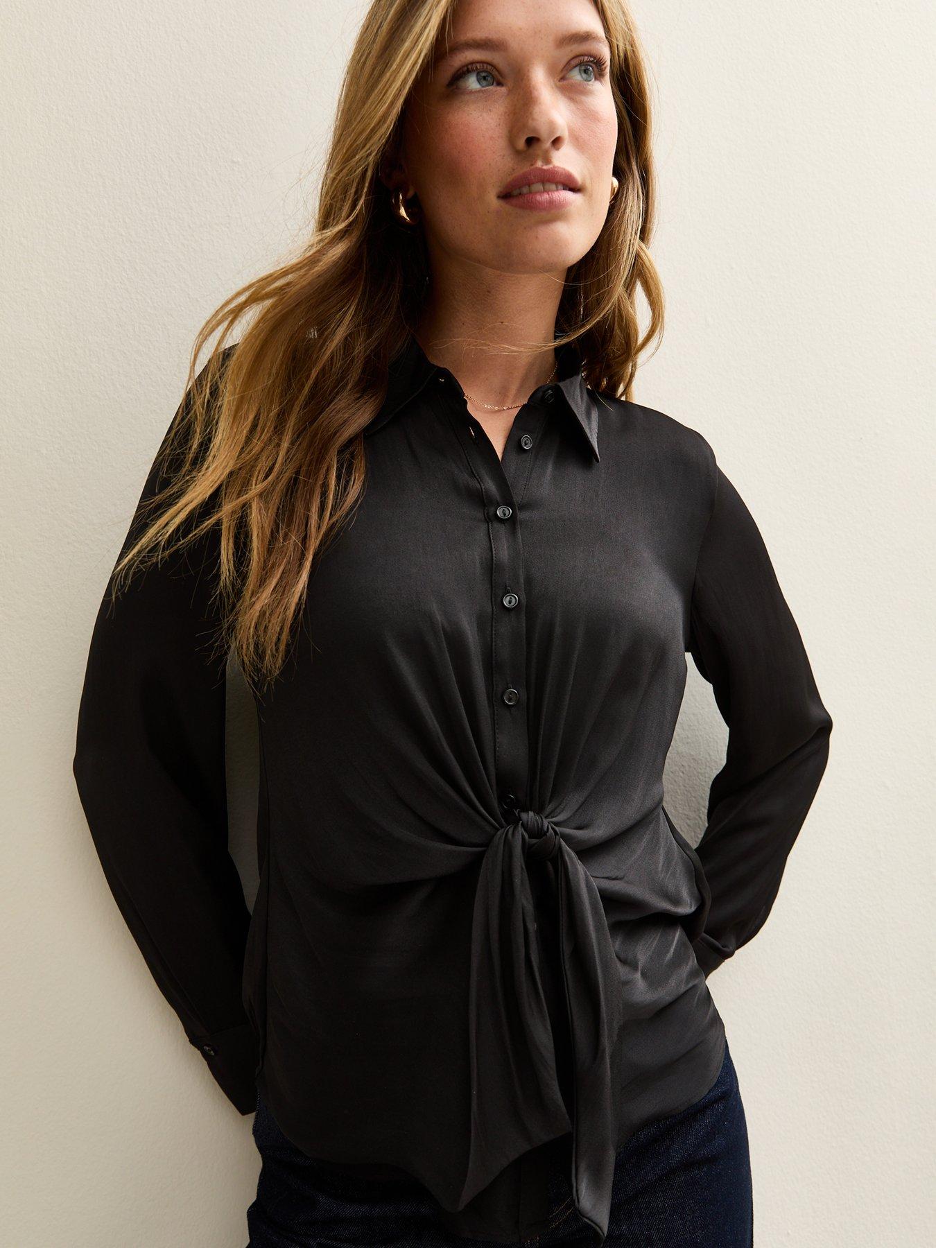 Image 4 of 4 of New Look Tie Front Satin Long Sleeve Shirt - Black