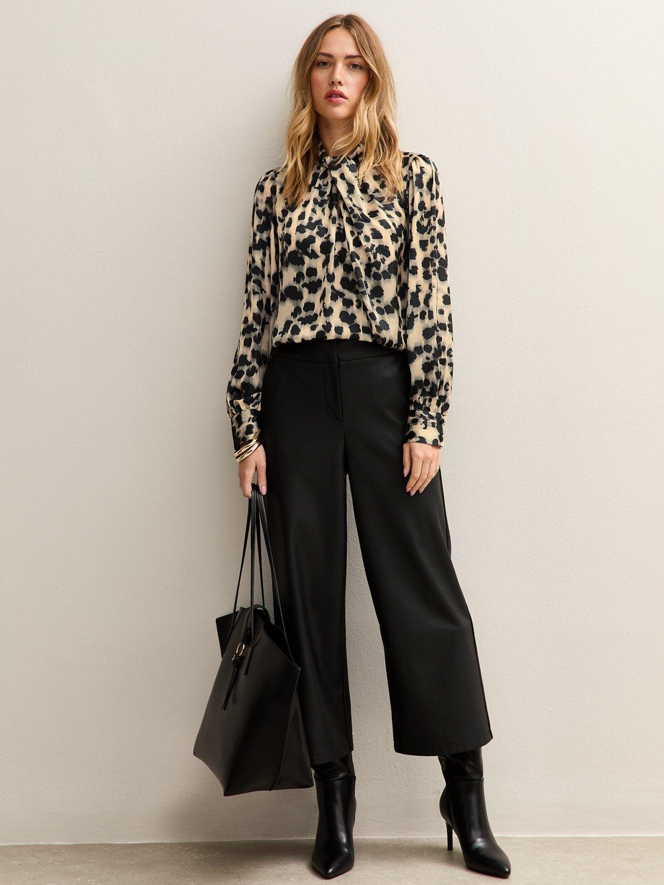 Image 3 of 4 of New Look Abstract Print Twist Neck Long Sleeve Blouse - White