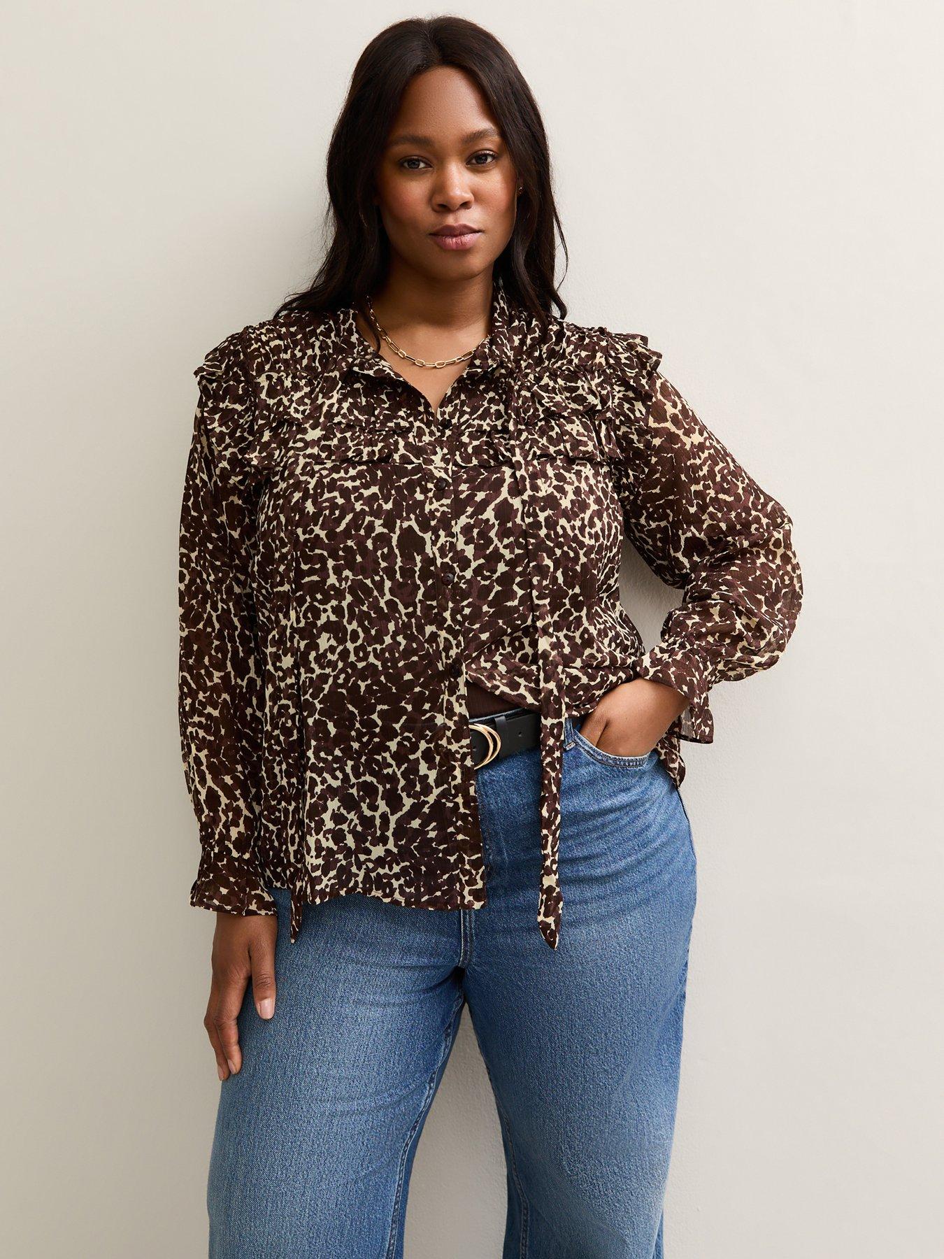 Image 1 of 5 of New Look Curves Brown Animal Print Ruffle Trim Tie Neck Blouse