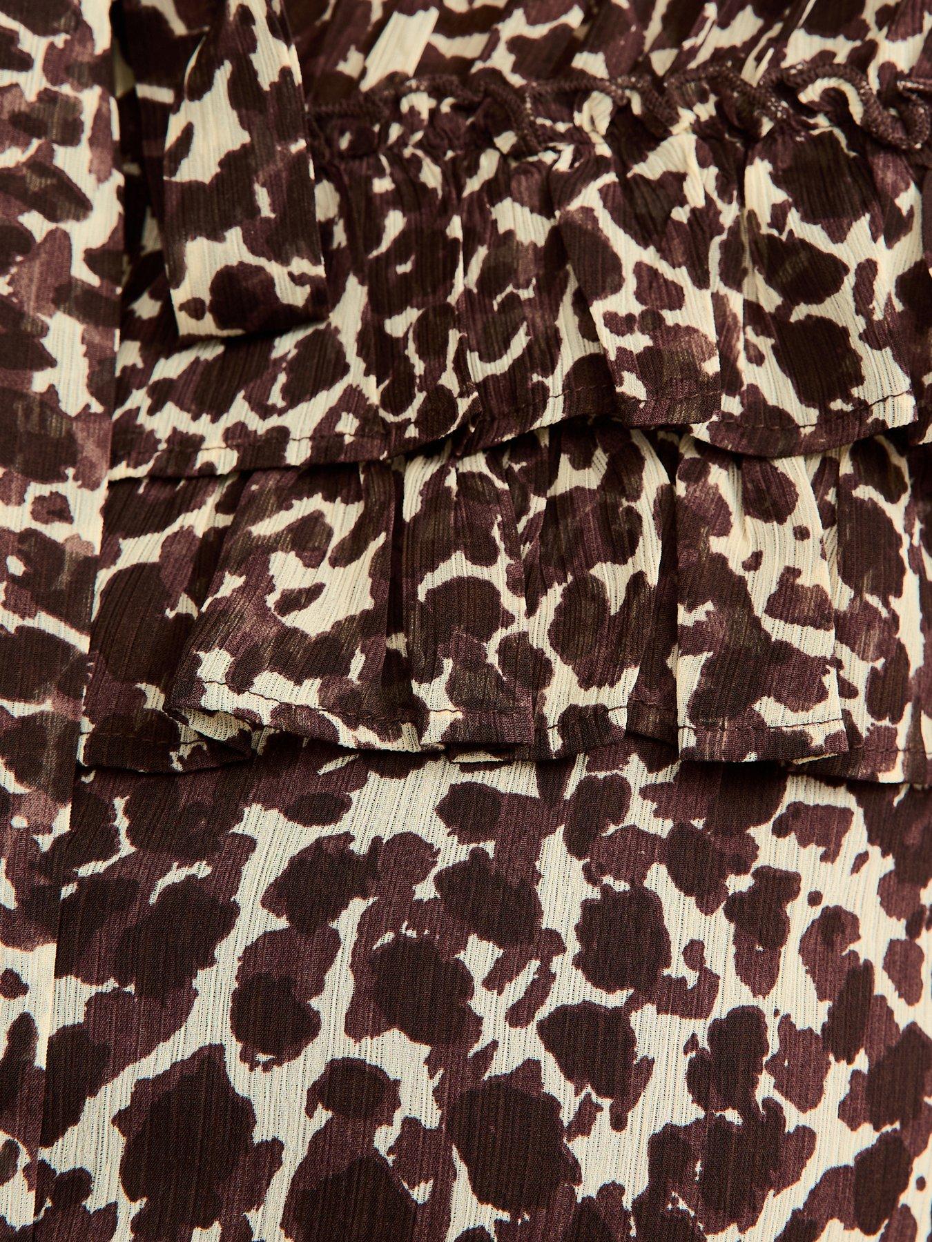 Image 5 of 5 of New Look Curves Brown Animal Print Ruffle Trim Tie Neck Blouse