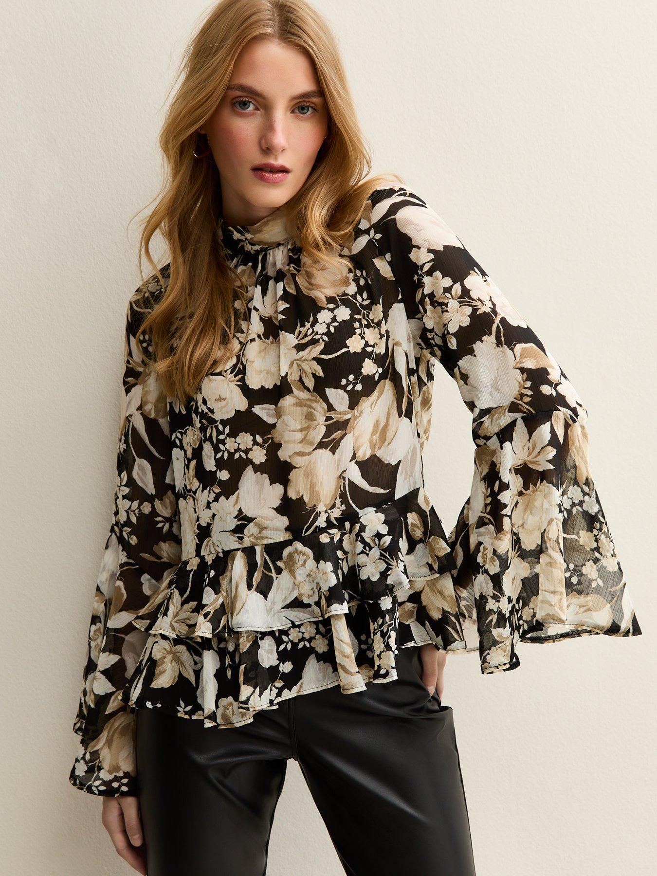 New Look Floral Print Chiffon High Neck Blouse - Black
