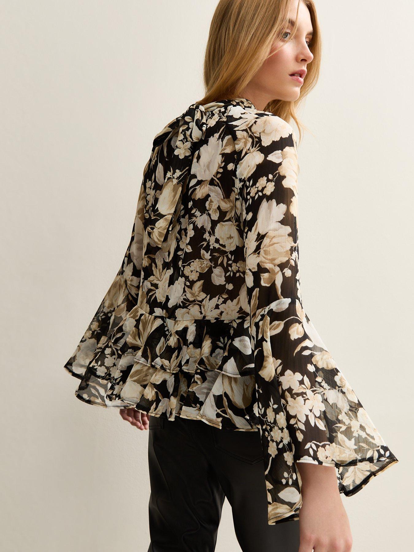 Image 2 of 5 of New Look Floral Print Chiffon High Neck Blouse - Black