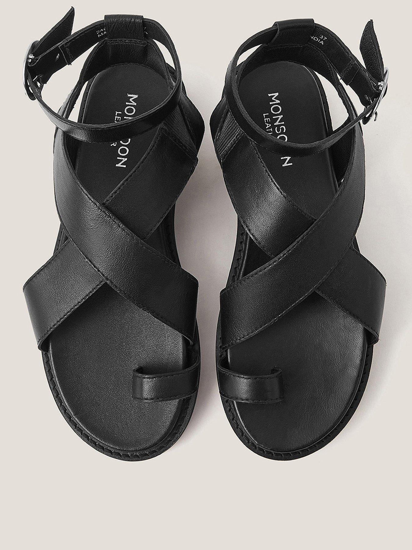  image of monsoon-ivy-toe-strap-crossover-leather-sandals-black