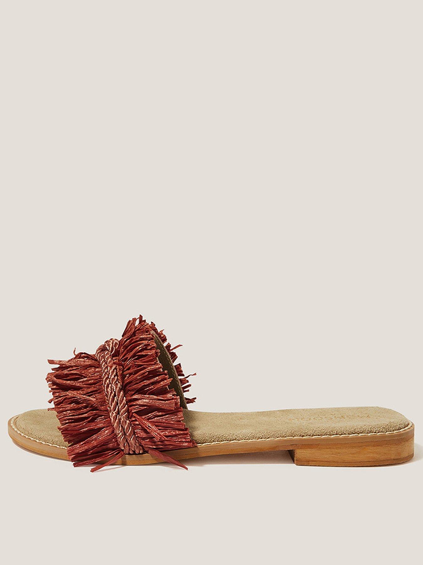 Monsoon Rhia Leather Raffia Slide Sandals Orange - Rust | Littlewoods