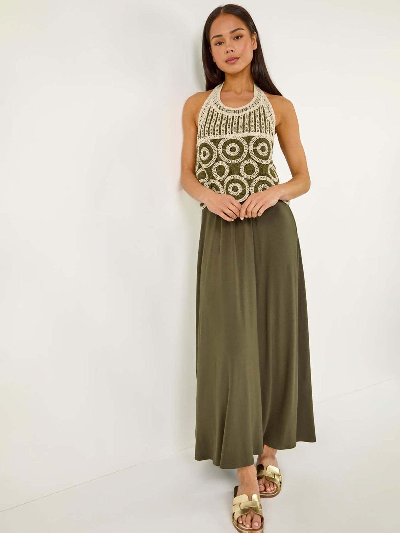 Image 1 of 5 of Roman Petite Crochet Halter Neck Maxi Dress - Khaki