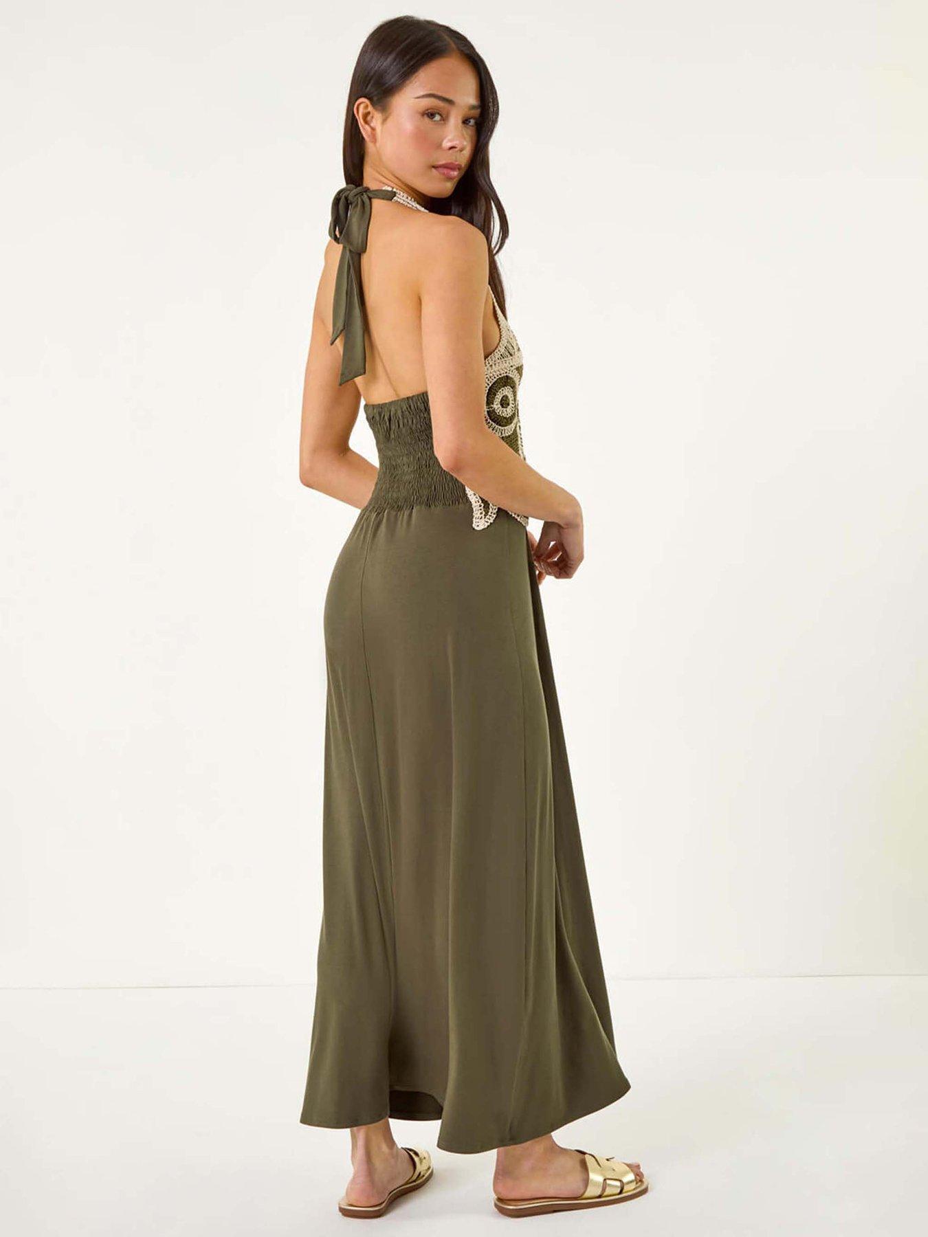 Image 2 of 5 of Roman Petite Crochet Halter Neck Maxi Dress - Khaki