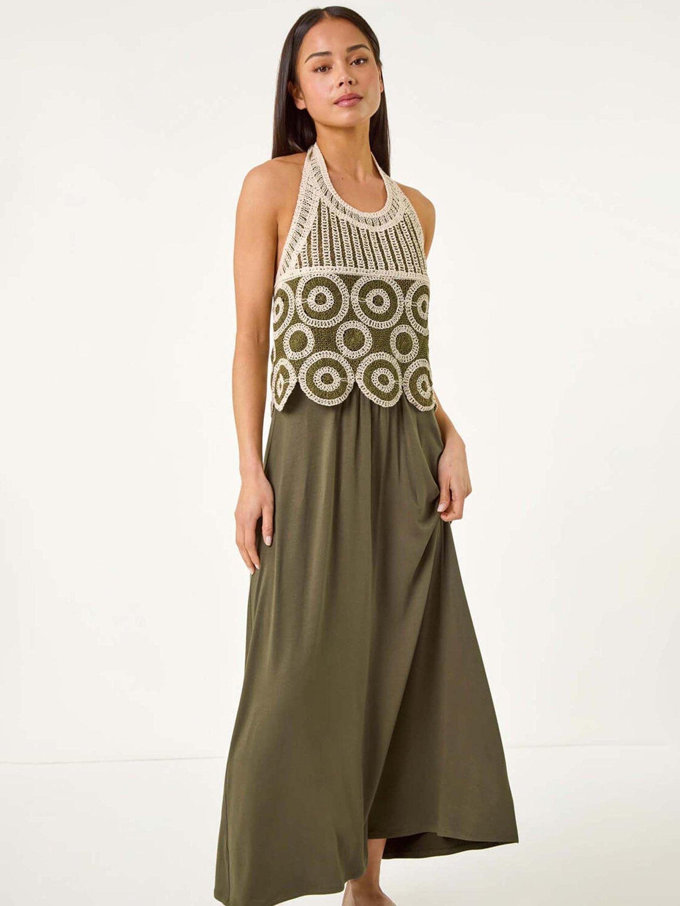 Image 3 of 5 of Roman Petite Crochet Halter Neck Maxi Dress - Khaki