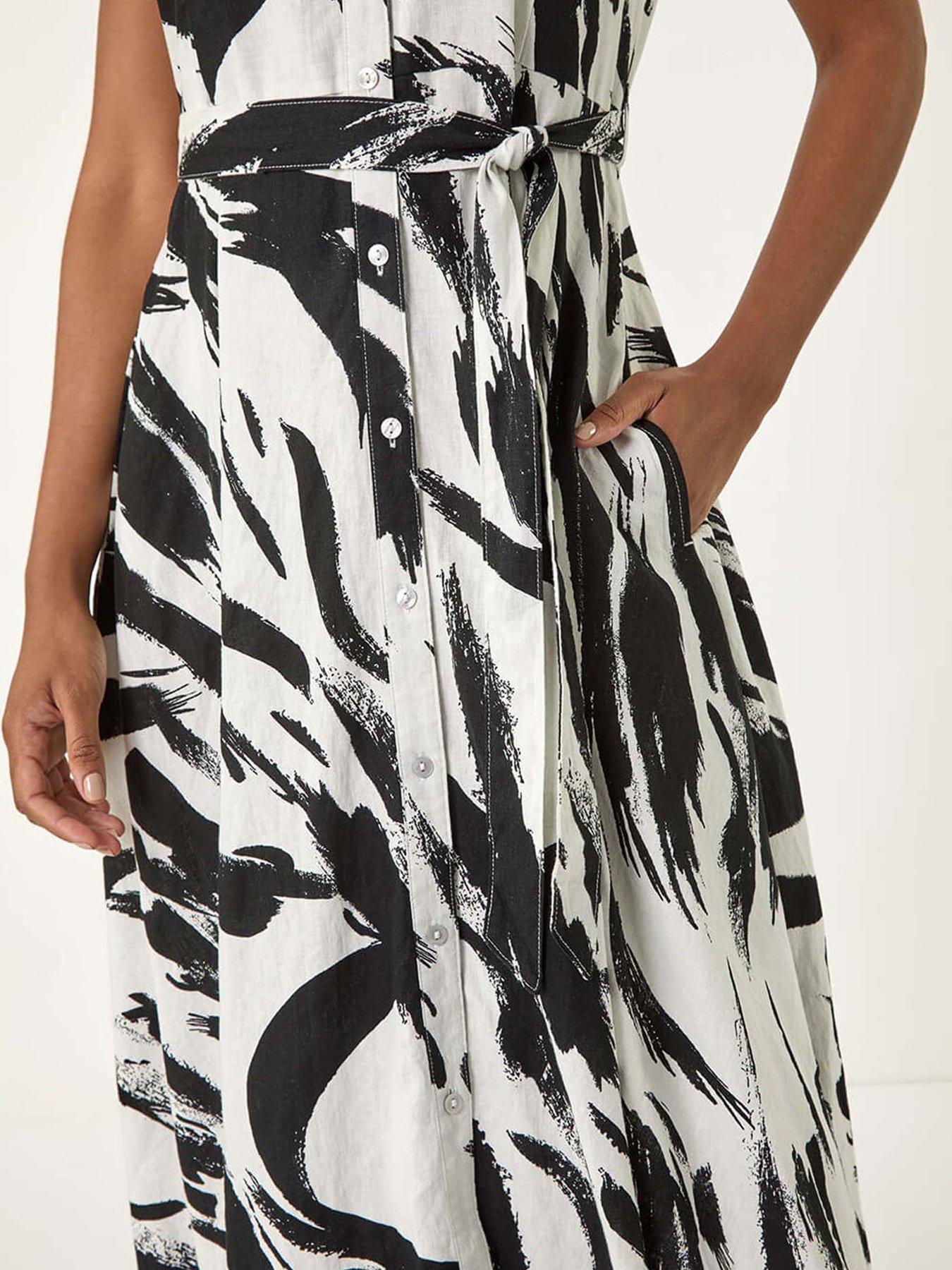 Image 5 of 5 of Roman Brushstroke Linen Mix Midi Dress - Black