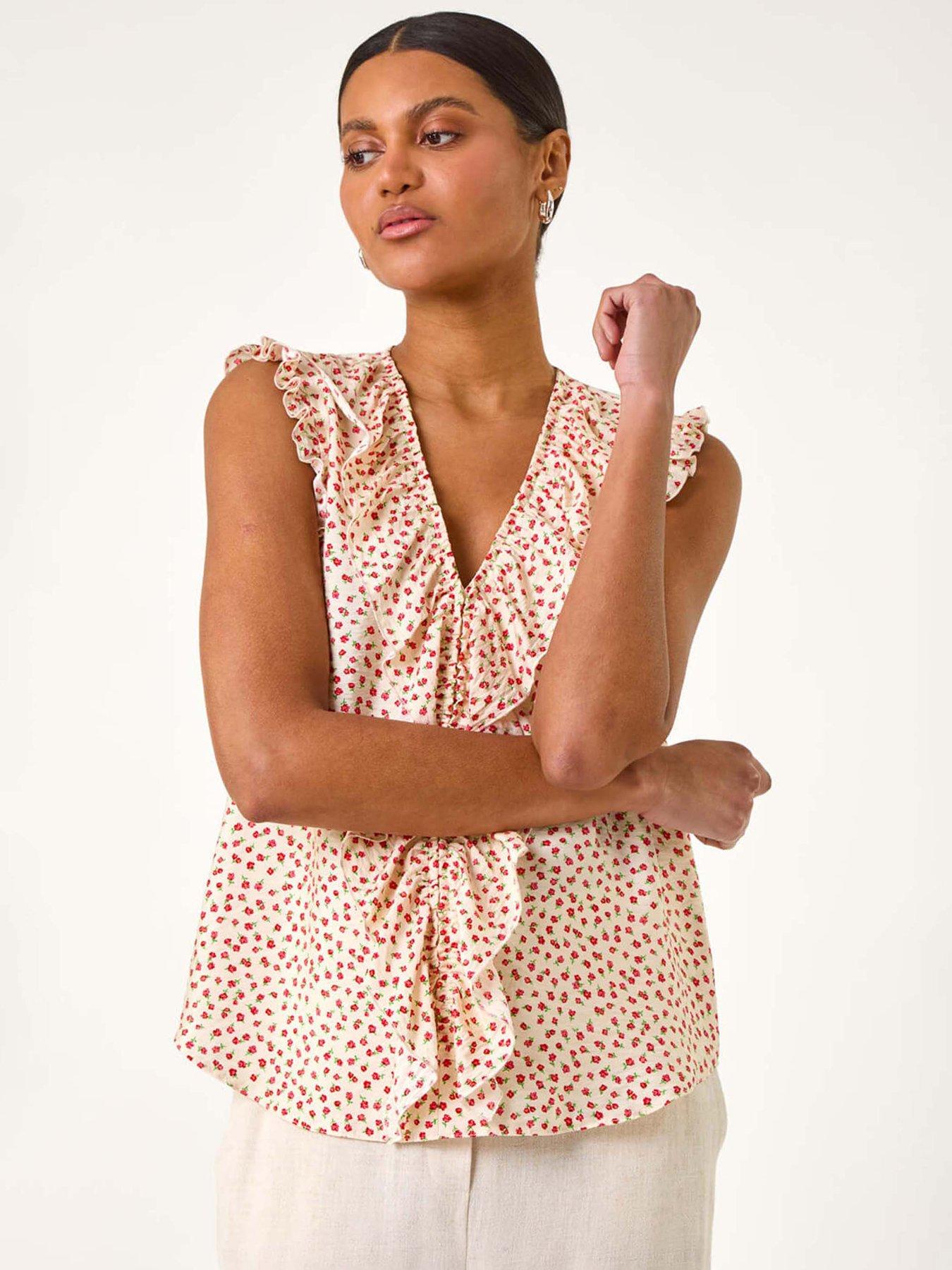 undefined Floral Print Ruffle Front Vest Top - Ivory