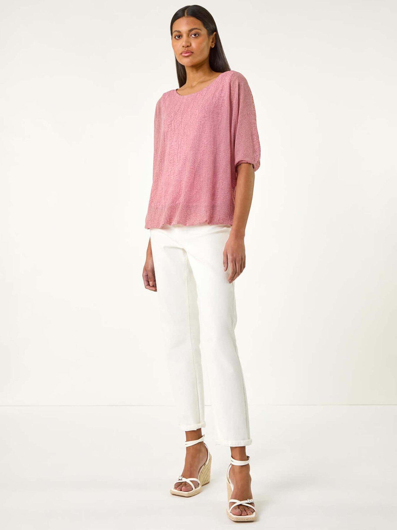 Image 3 of 5 of Roman Mesh Bubble Hem Stretch Top - Pink