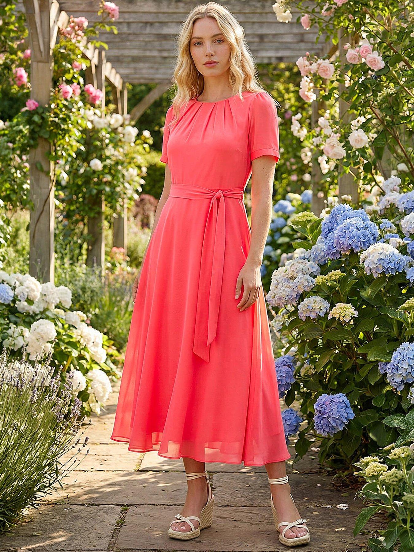 Roman Pleated Chiffon Midi Dress - Coral