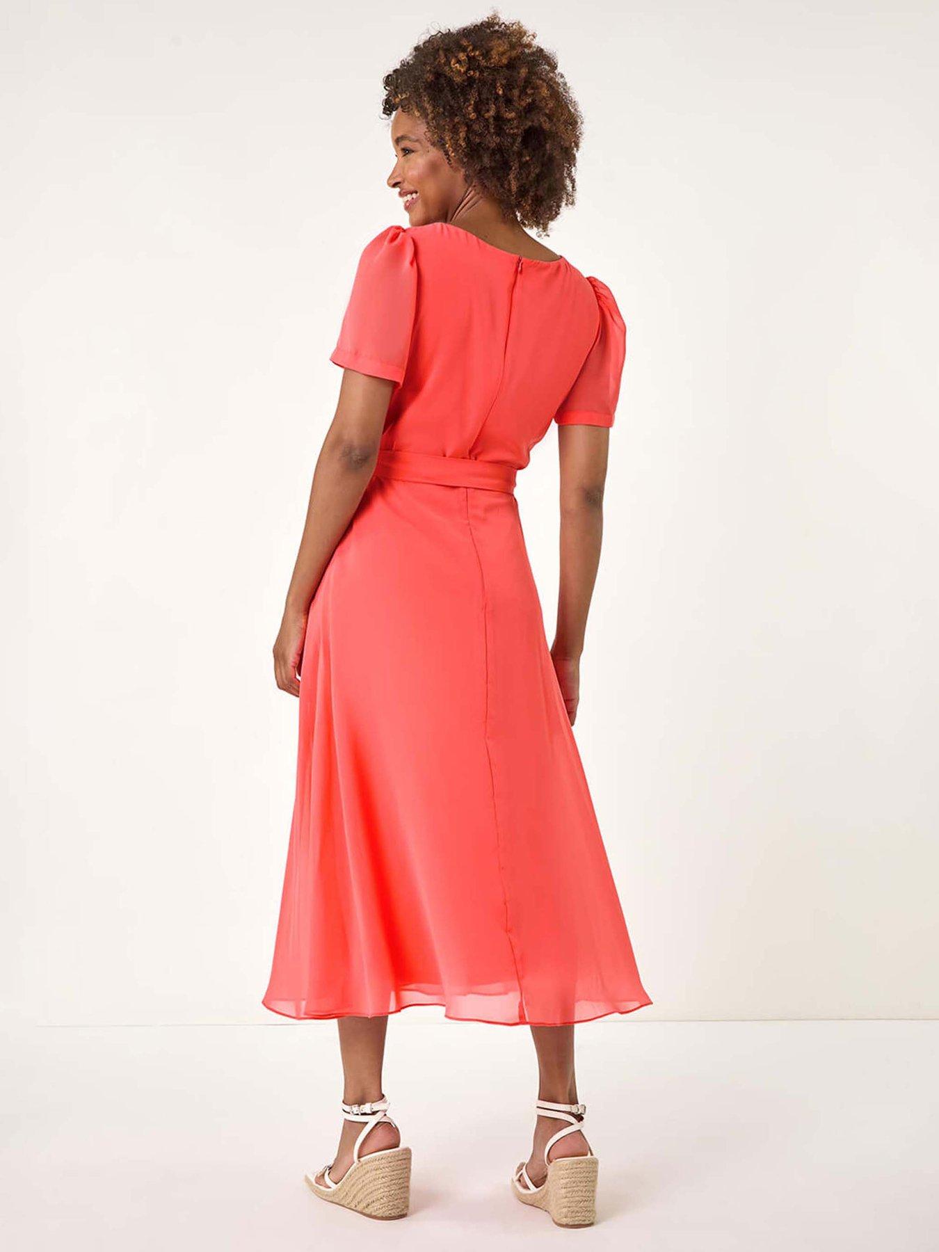 Image 2 of 5 of Roman Pleated Chiffon Midi Dress - Coral