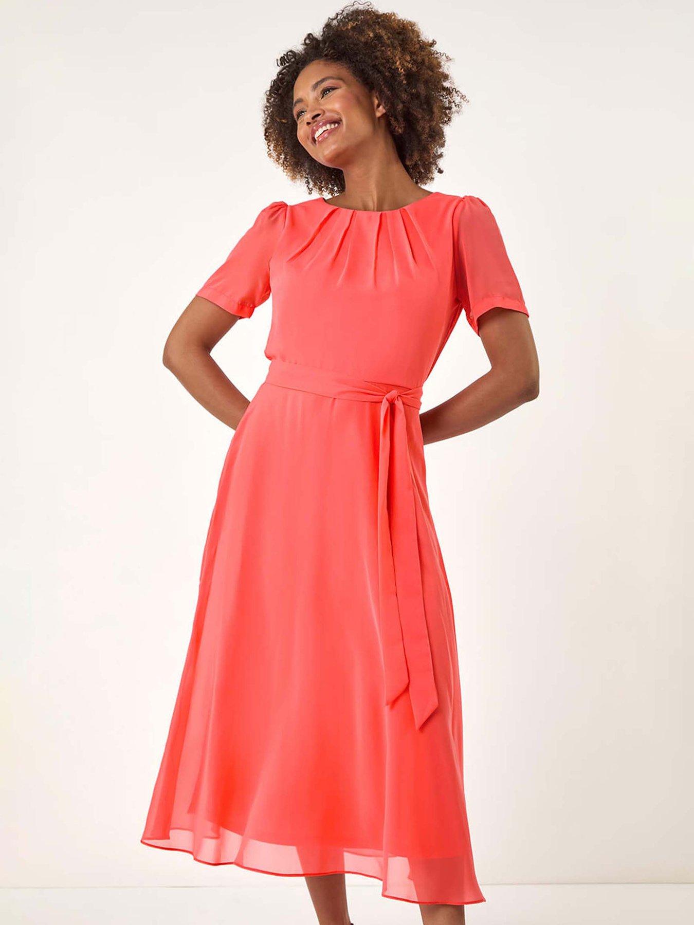 Image 3 of 5 of Roman Pleated Chiffon Midi Dress - Coral
