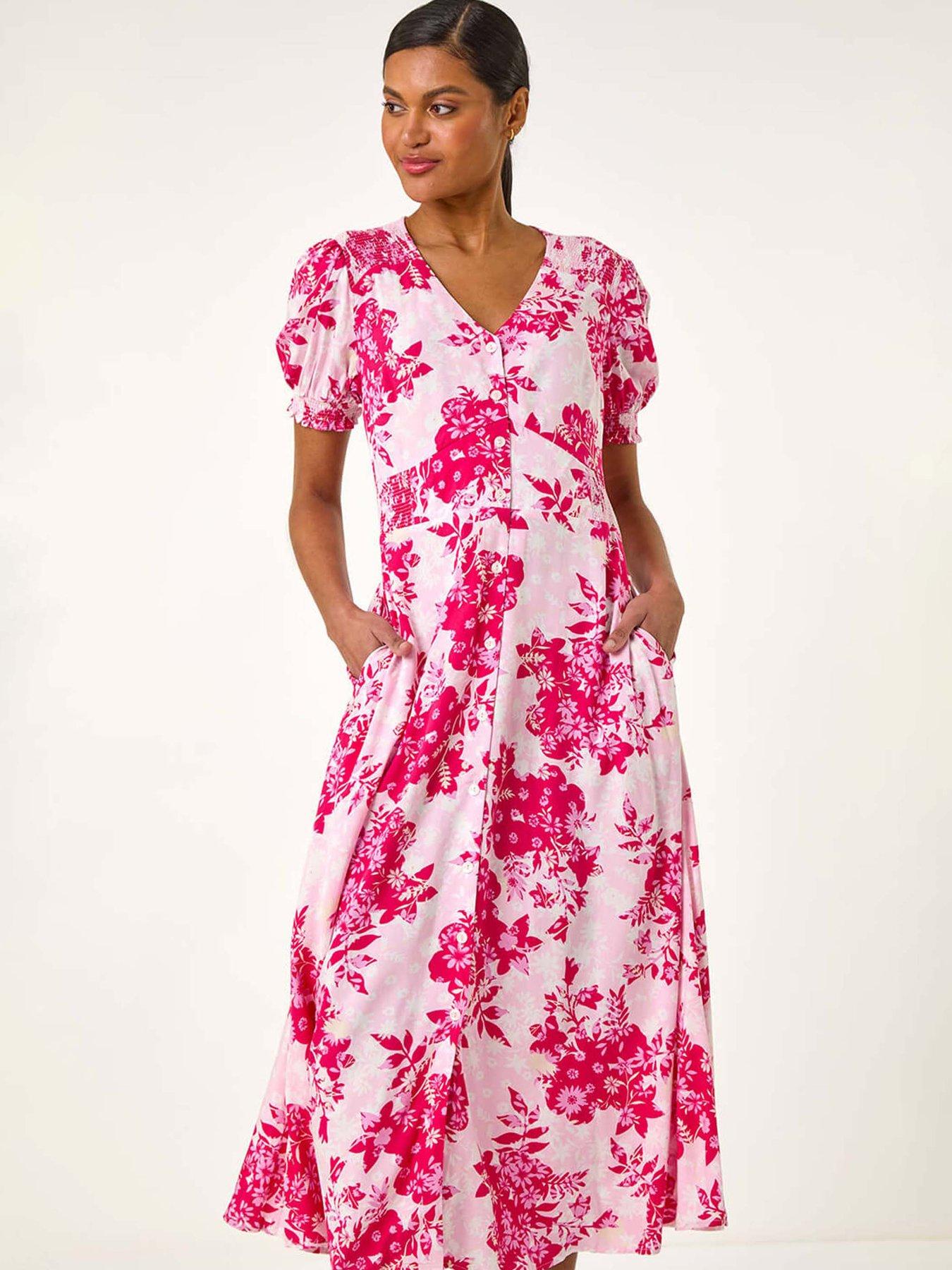 Image 3 of 5 of Roman Floral Print Button Through Midi Dress - Pink