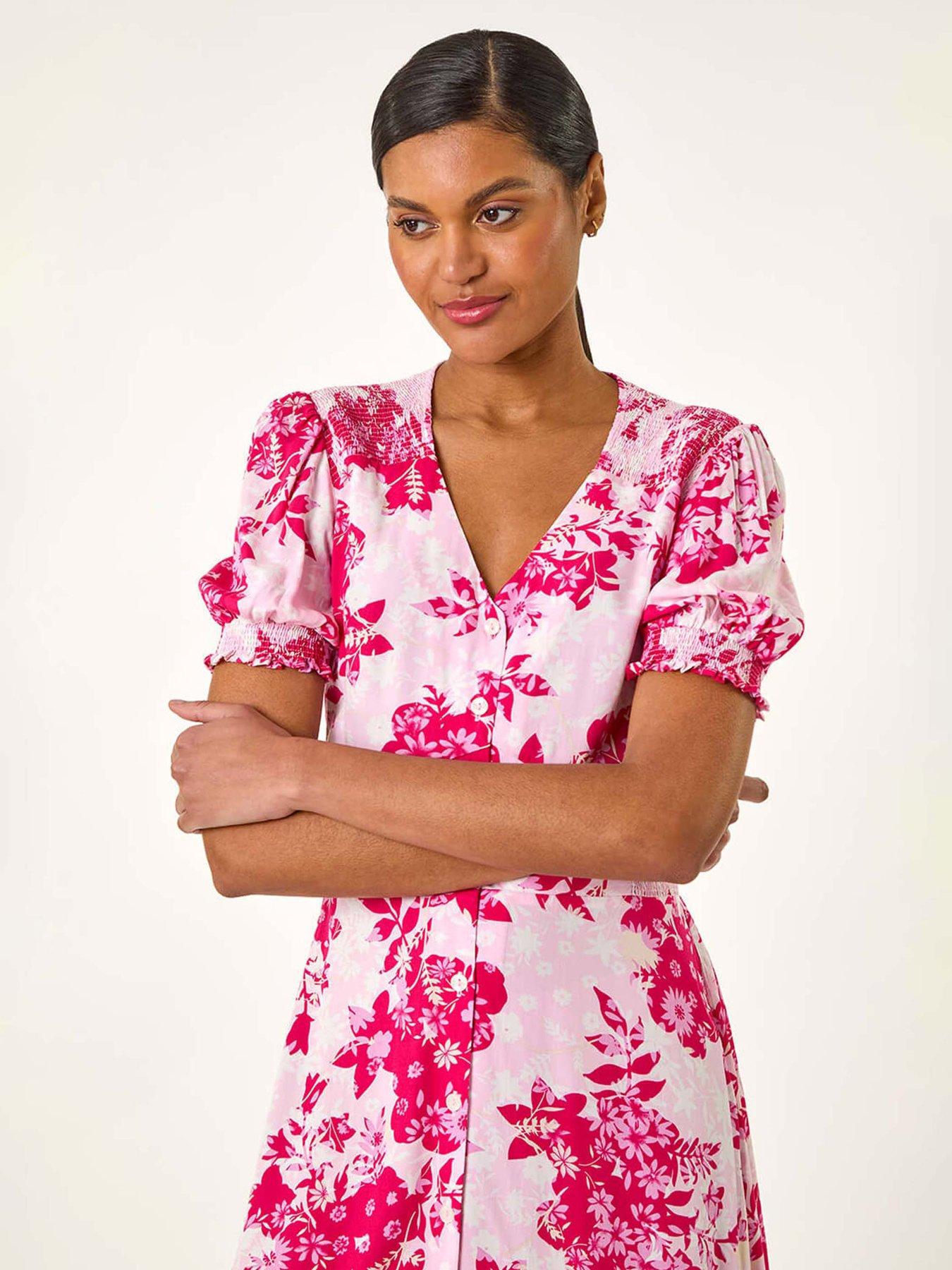 Image 4 of 5 of Roman Floral Print Button Through Midi Dress - Pink