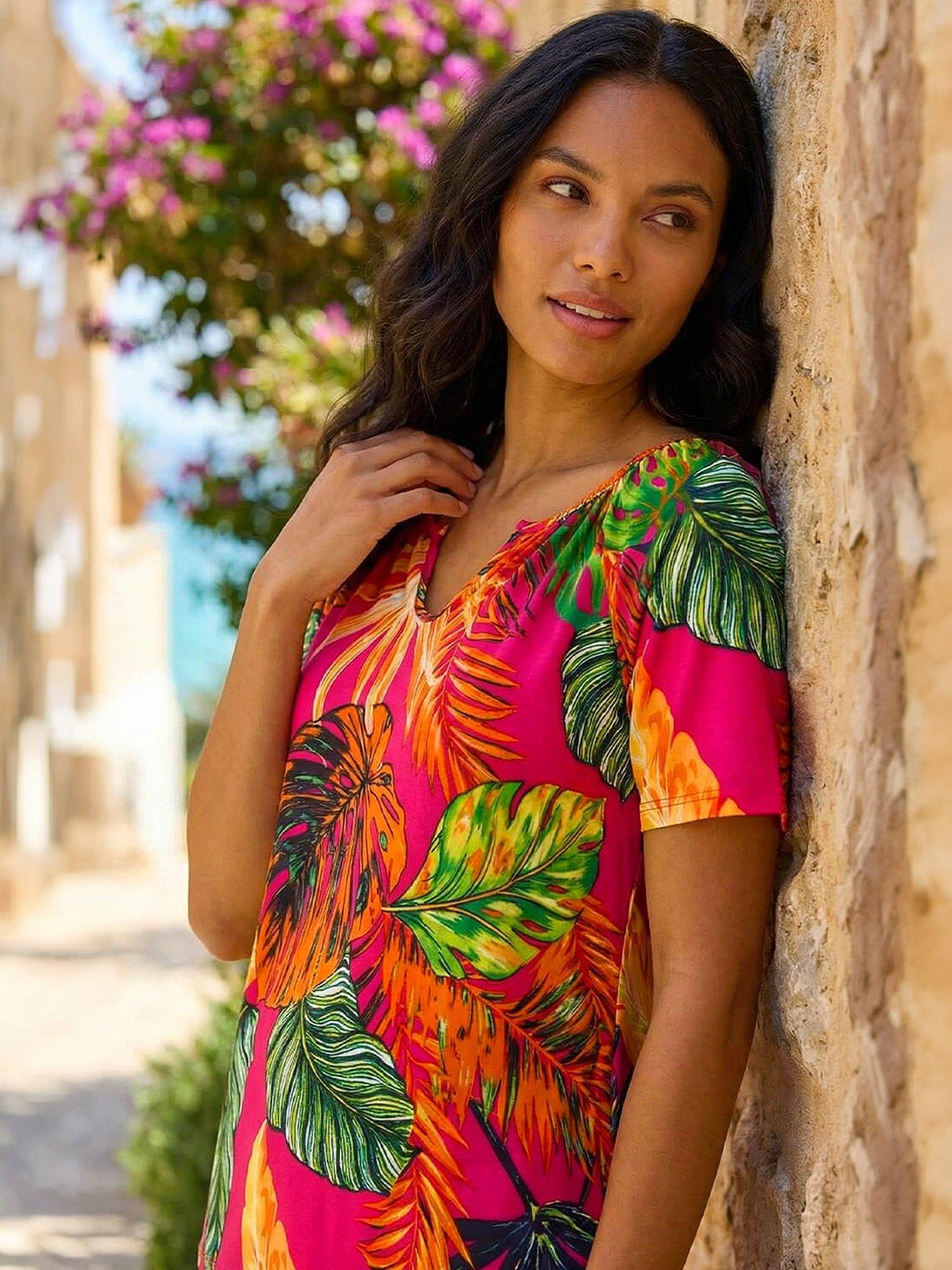 Roman Tropical Print Notch Neck Stretch Top - Fuchsia