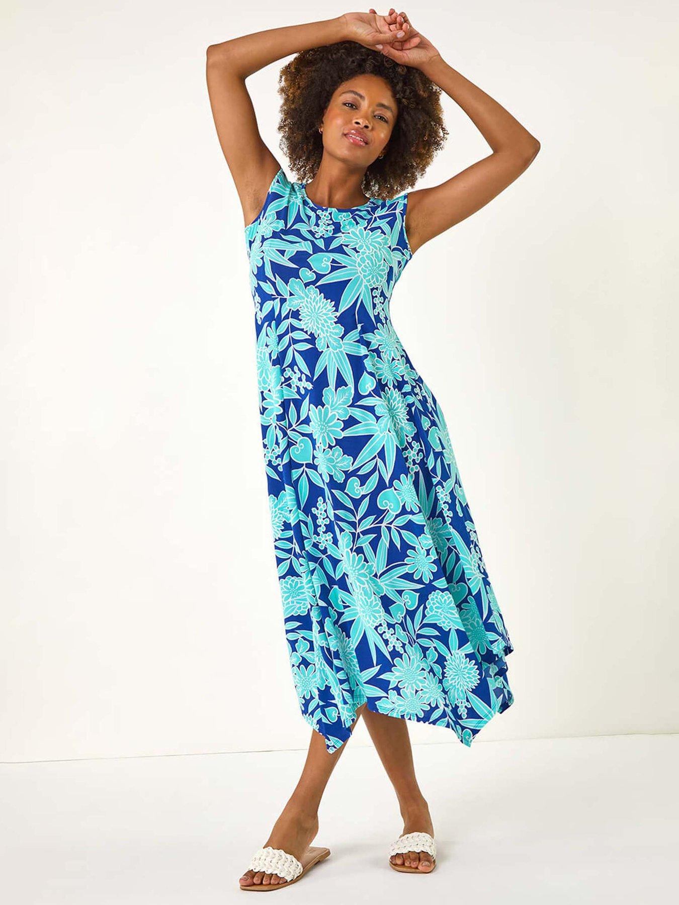 Image 1 of 5 of Roman Floral Puff Print Stretch Maxi Dress - Royal Blue