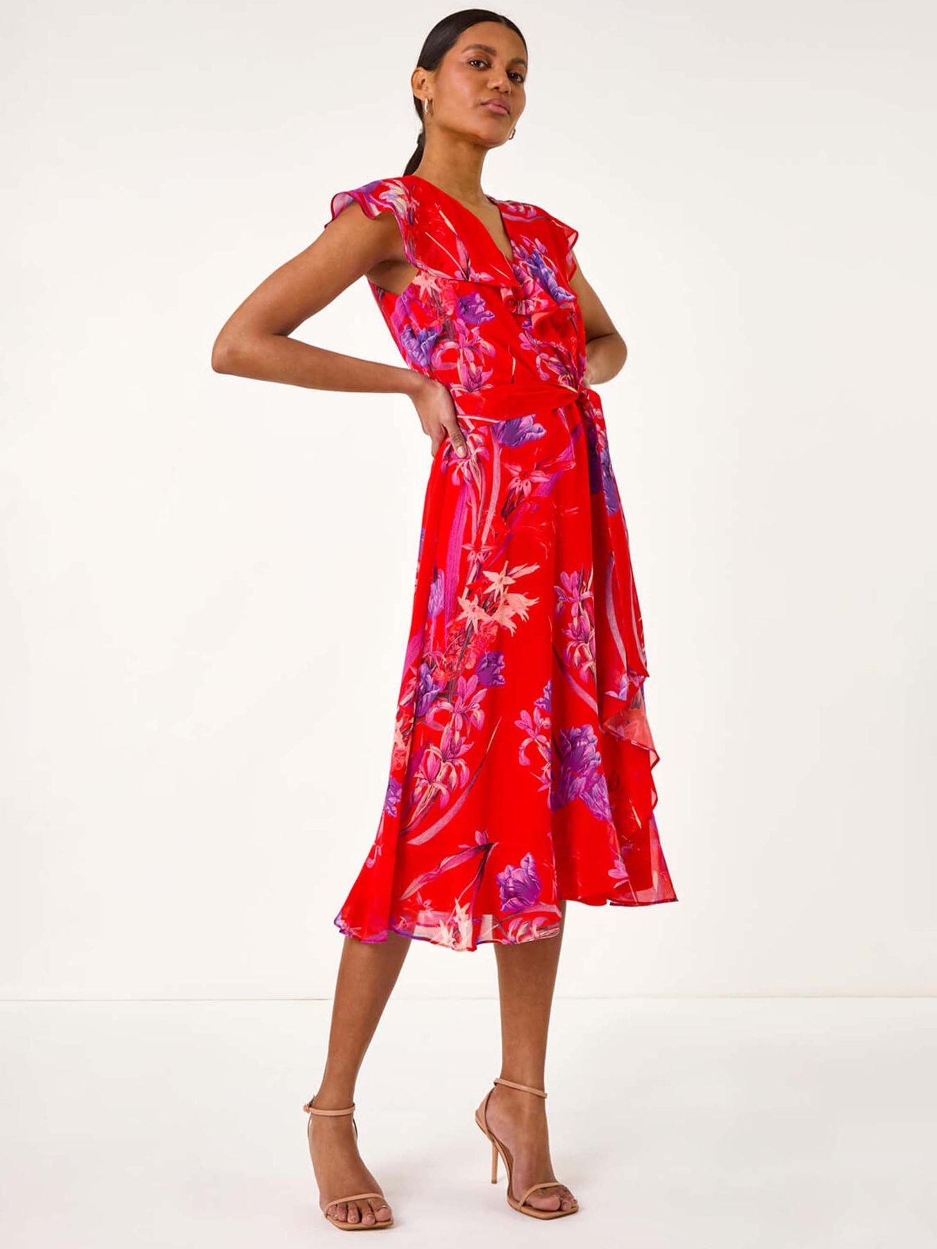 Roman Floral Print Ruffle Wrap Front Midi Dress - Red | Littlewoods