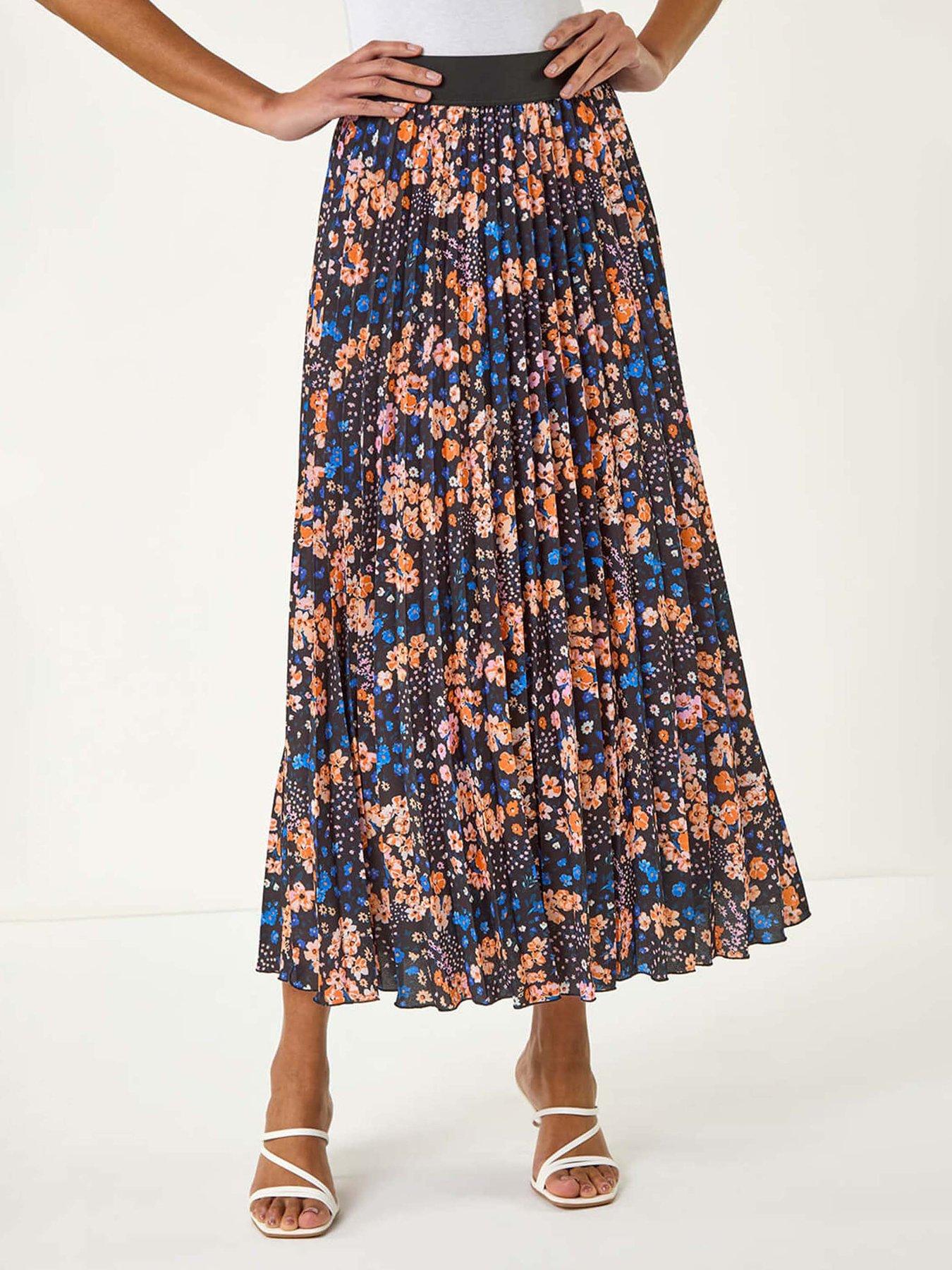 Image 1 of 5 of Roman Ditsy Floral Print Pleated Stretch Skirt - Multi
