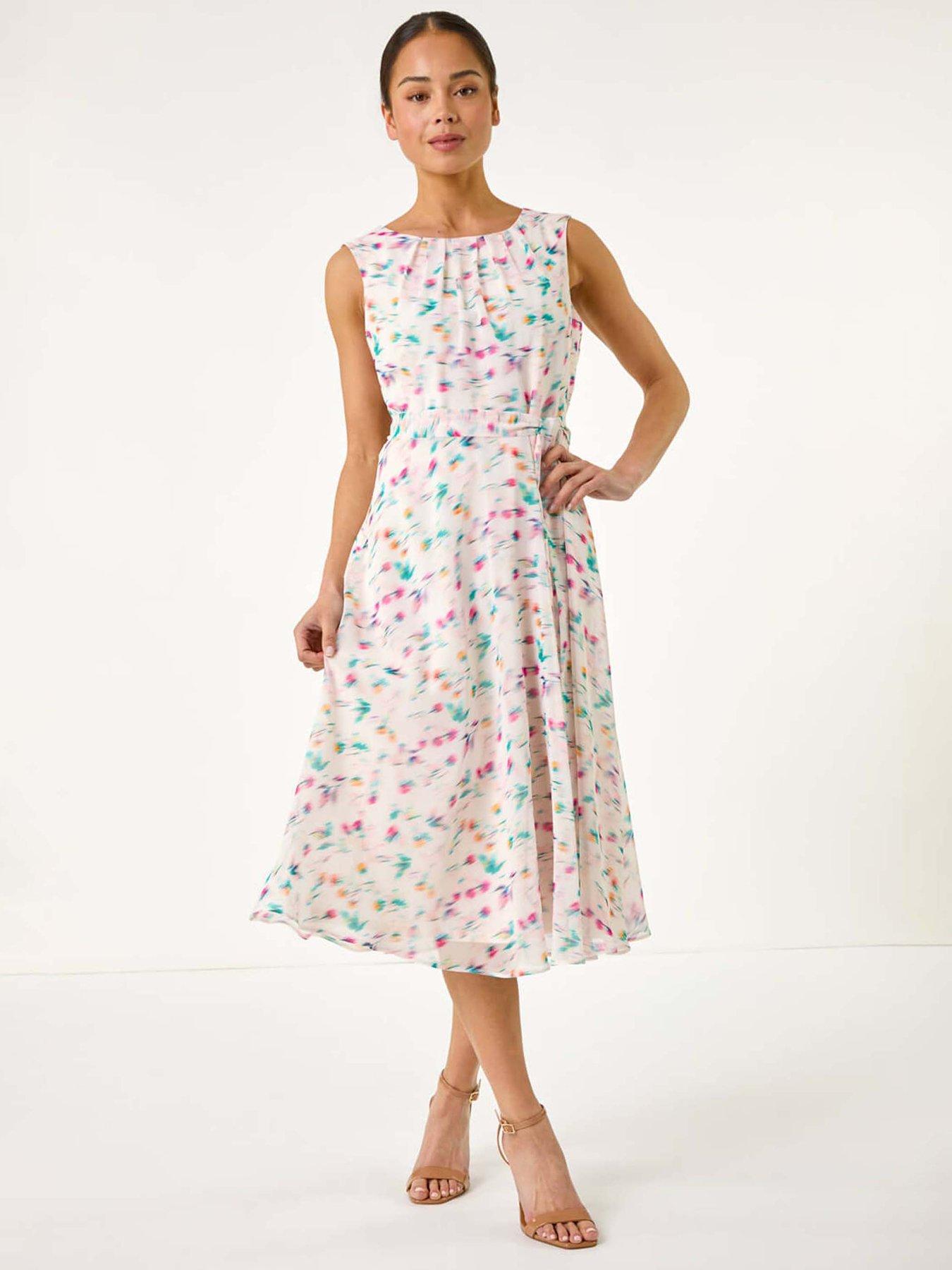  image of roman-petite-abstract-print-pleated-midi-dress-ivory