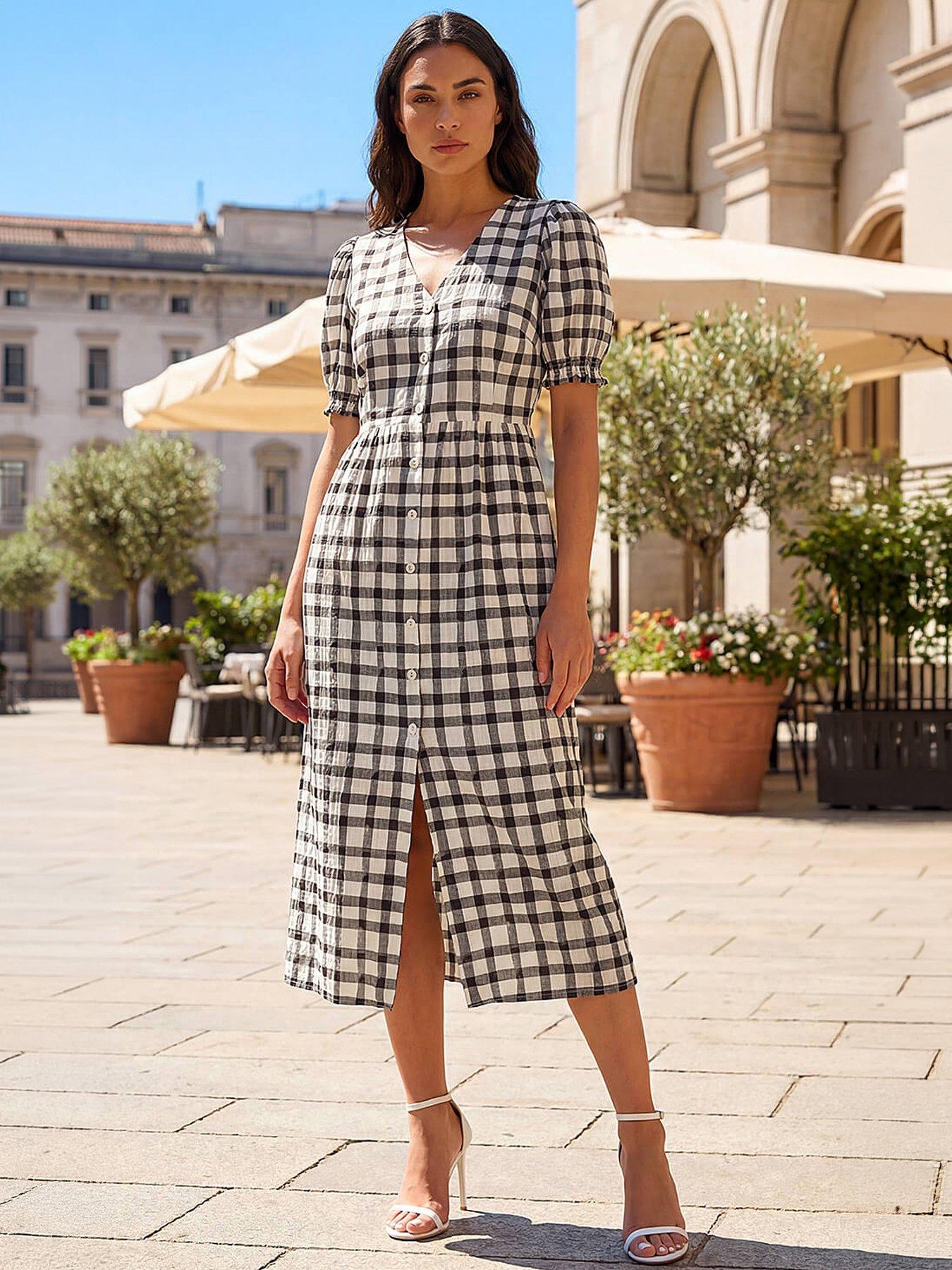 Roman Check Button Midi Dress - Black