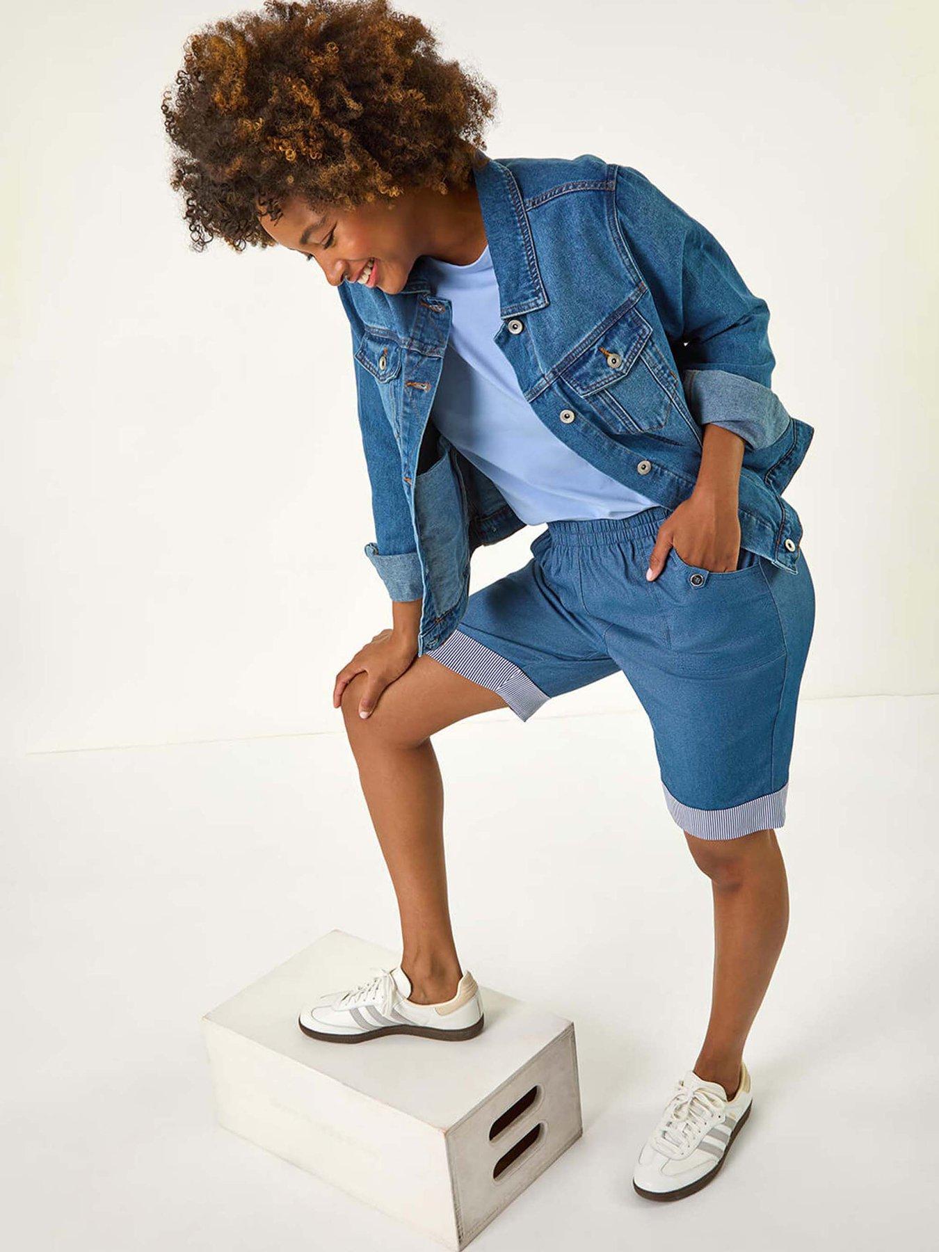 Image 3 of 5 of Roman Bengaline Turn Up Stripe Stretch Shorts - Denim