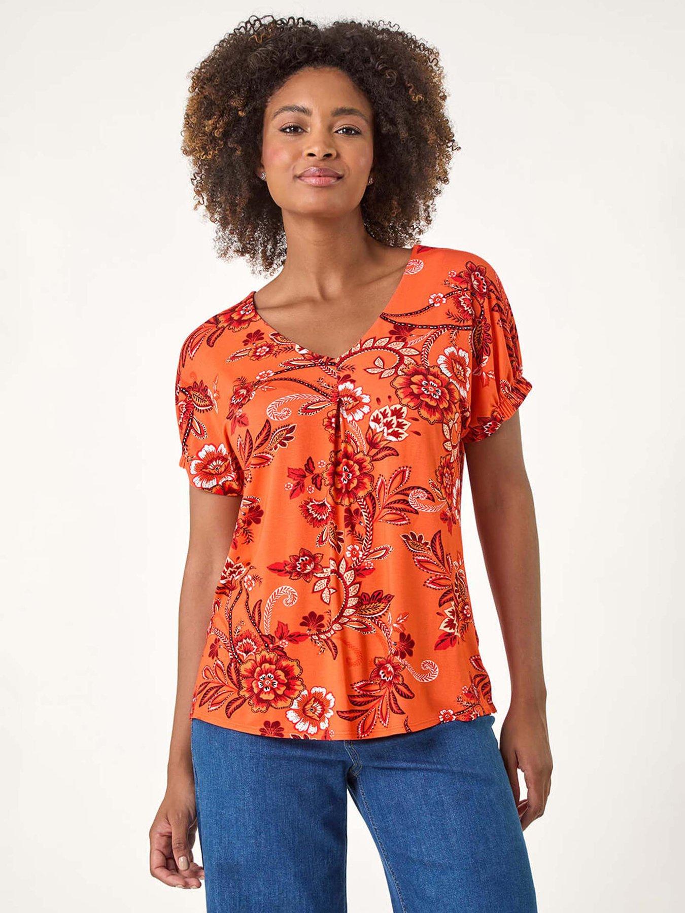 Image 1 of 5 of Roman Floral Print Pleat Front Top - Orange