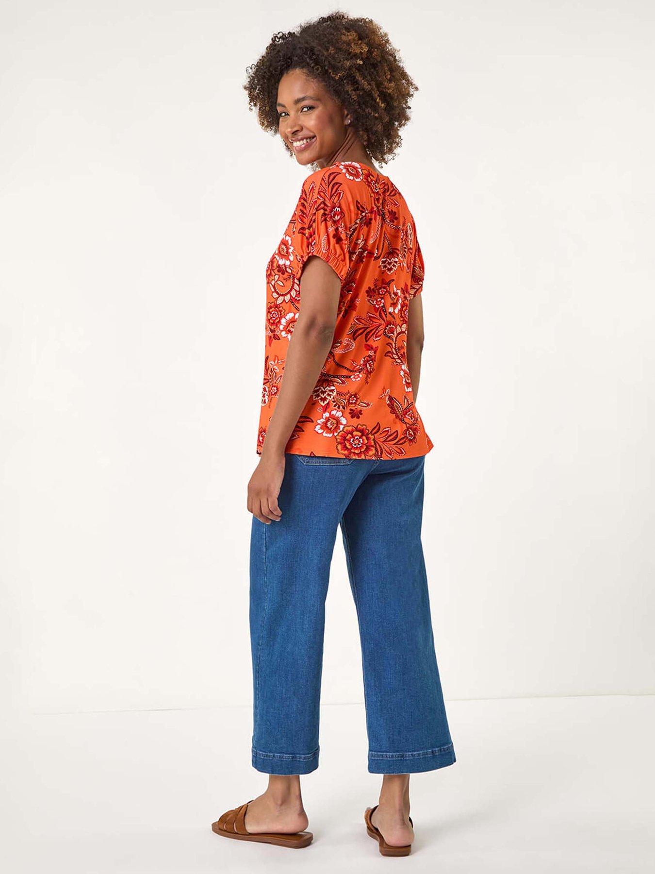 Image 2 of 5 of Roman Floral Print Pleat Front Top - Orange