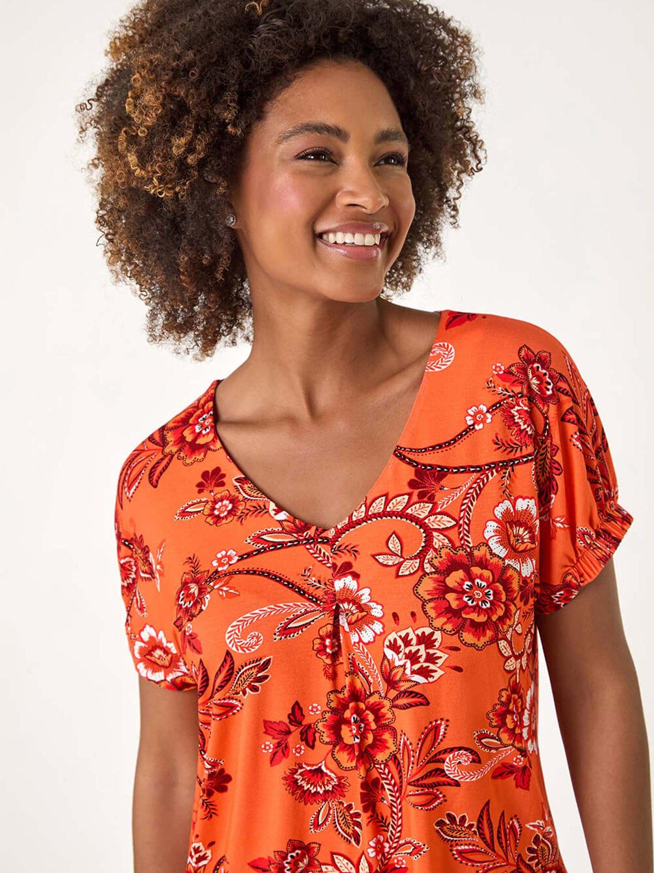Image 4 of 5 of Roman Floral Print Pleat Front Top - Orange