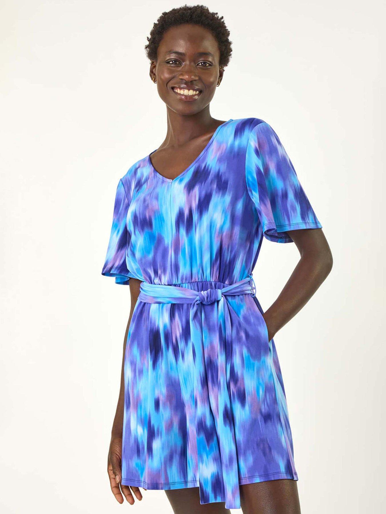 Image 3 of 5 of Roman Abstract Print Belted Playsuit - Purple