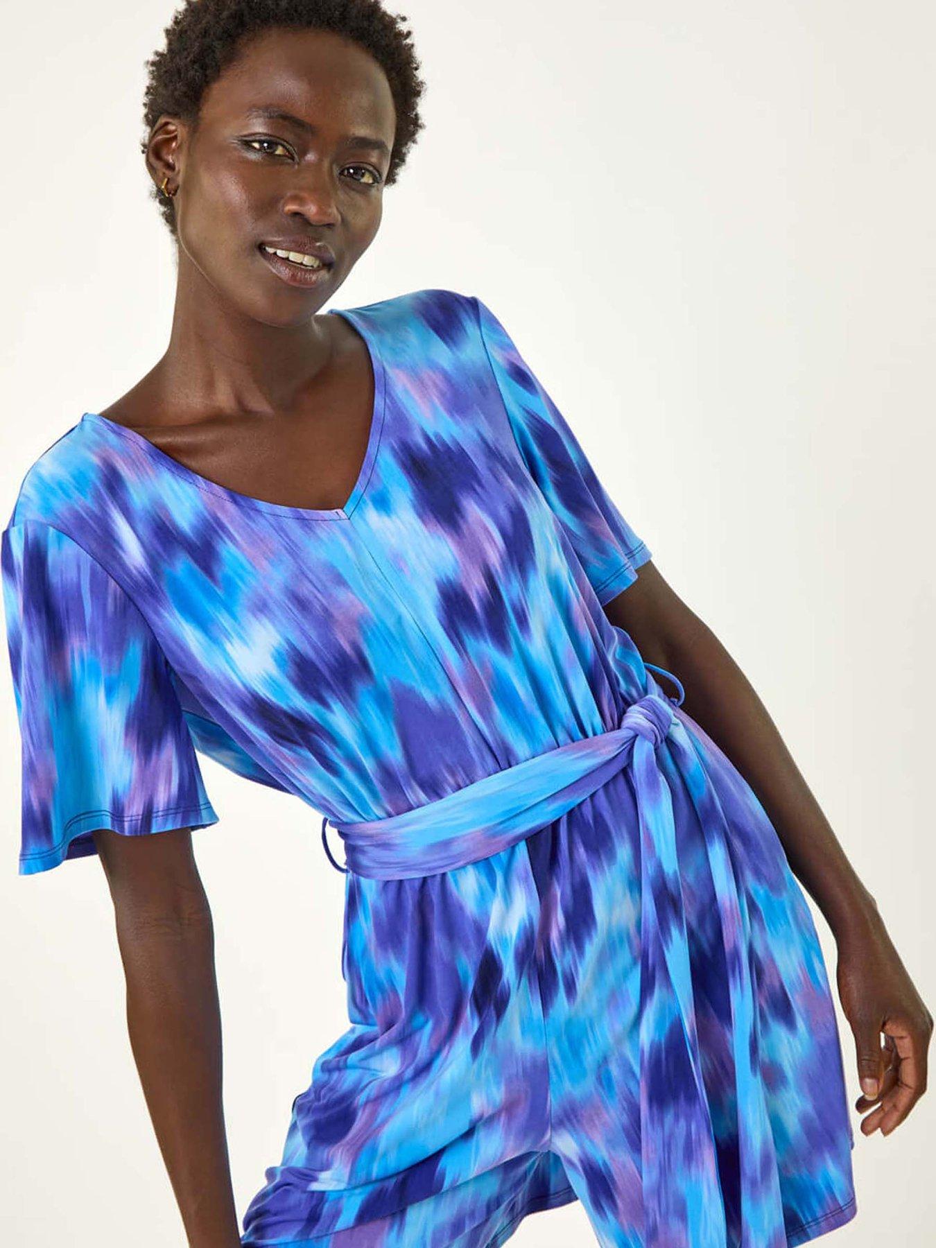 Image 4 of 5 of Roman Abstract Print Belted Playsuit - Purple