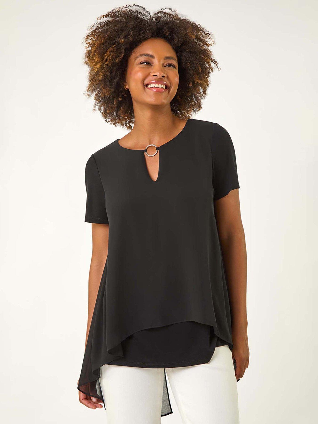 undefined Ring Front Chiffon Overlay Top - Black