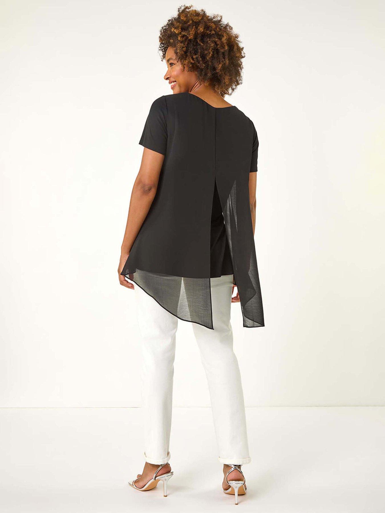 Image 2 of 5 of Roman Ring Front Chiffon Overlay Top - Black