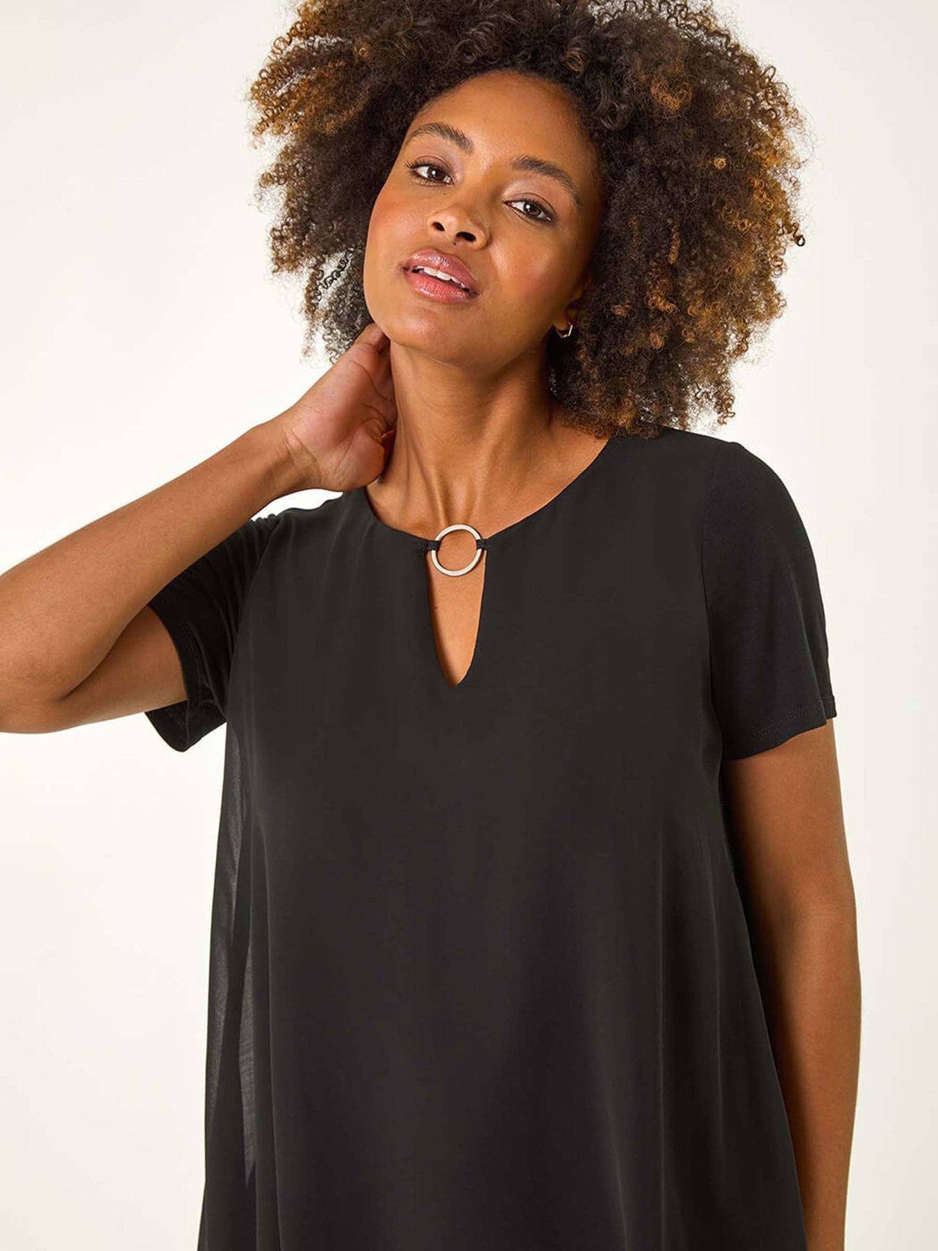 Image 5 of 5 of Roman Ring Front Chiffon Overlay Top - Black
