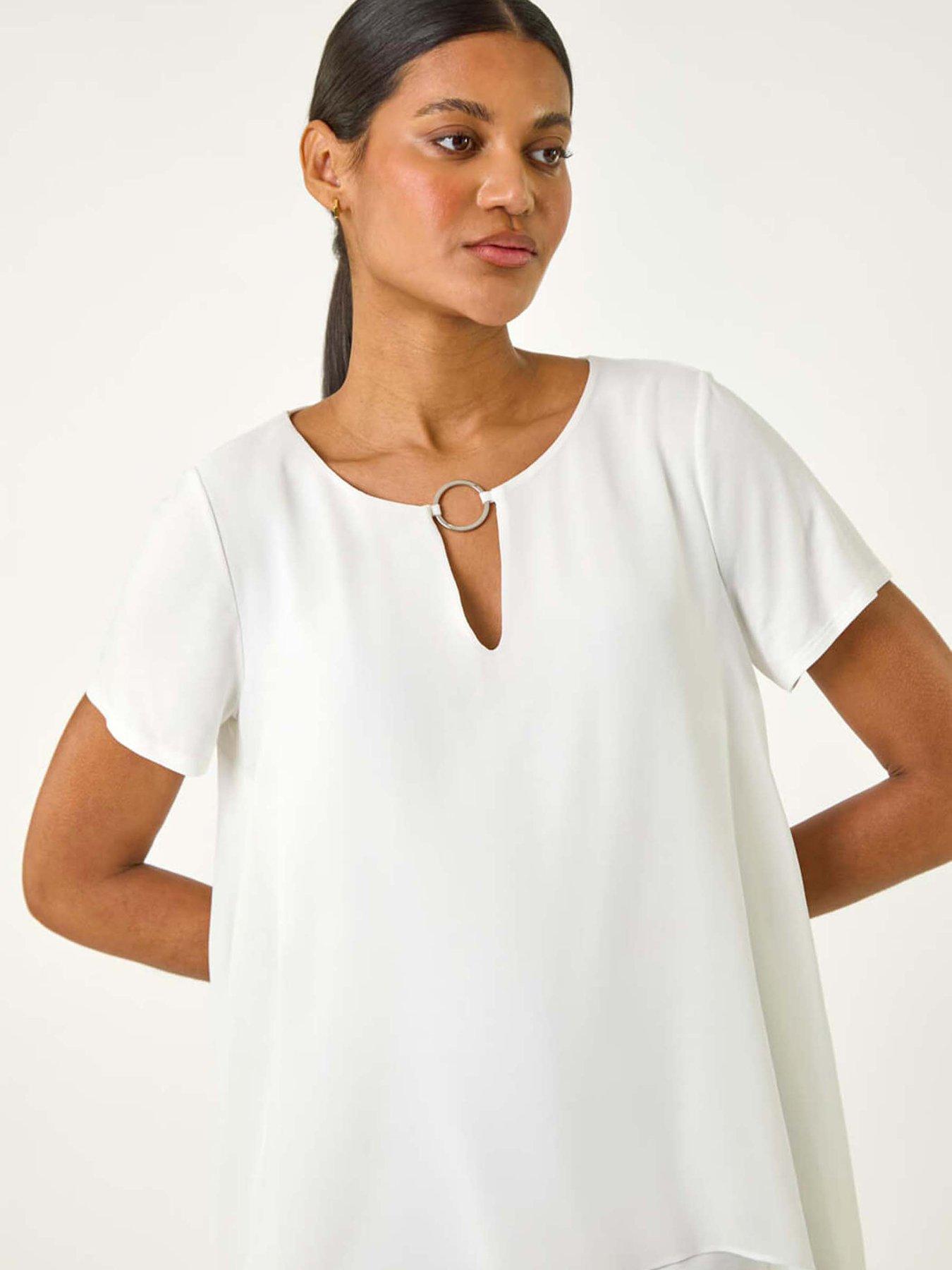 Image 4 of 5 of Roman Ring Front Chiffon Overlay Top - Ivory