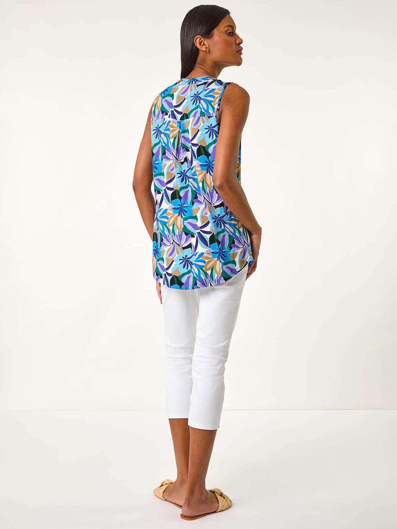 Image 2 of 5 of Roman Floral Print Notch Neck Vest Top - Blue