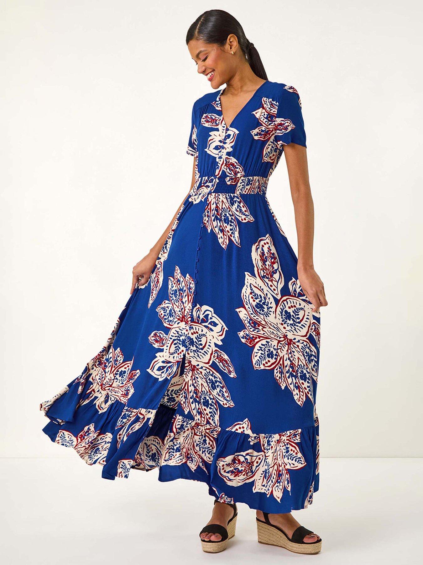 Image 1 of 5 of Roman Leaf Print Shirred Maxi Dress - Blue