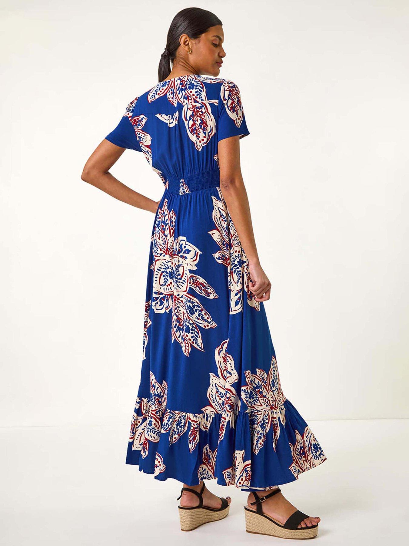 Image 2 of 5 of Roman Leaf Print Shirred Maxi Dress - Blue