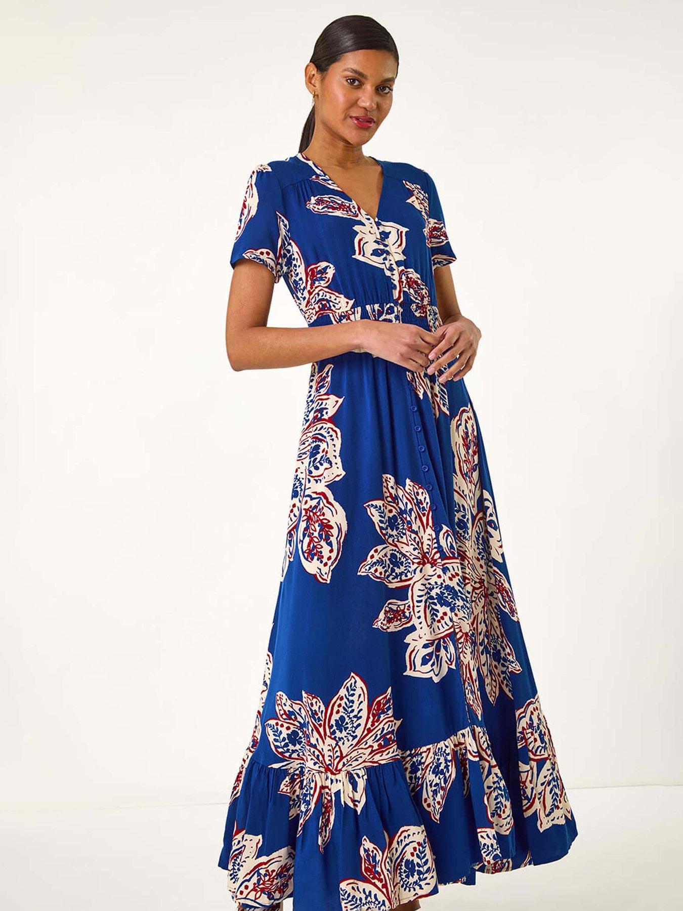 Image 3 of 5 of Roman Leaf Print Shirred Maxi Dress - Blue