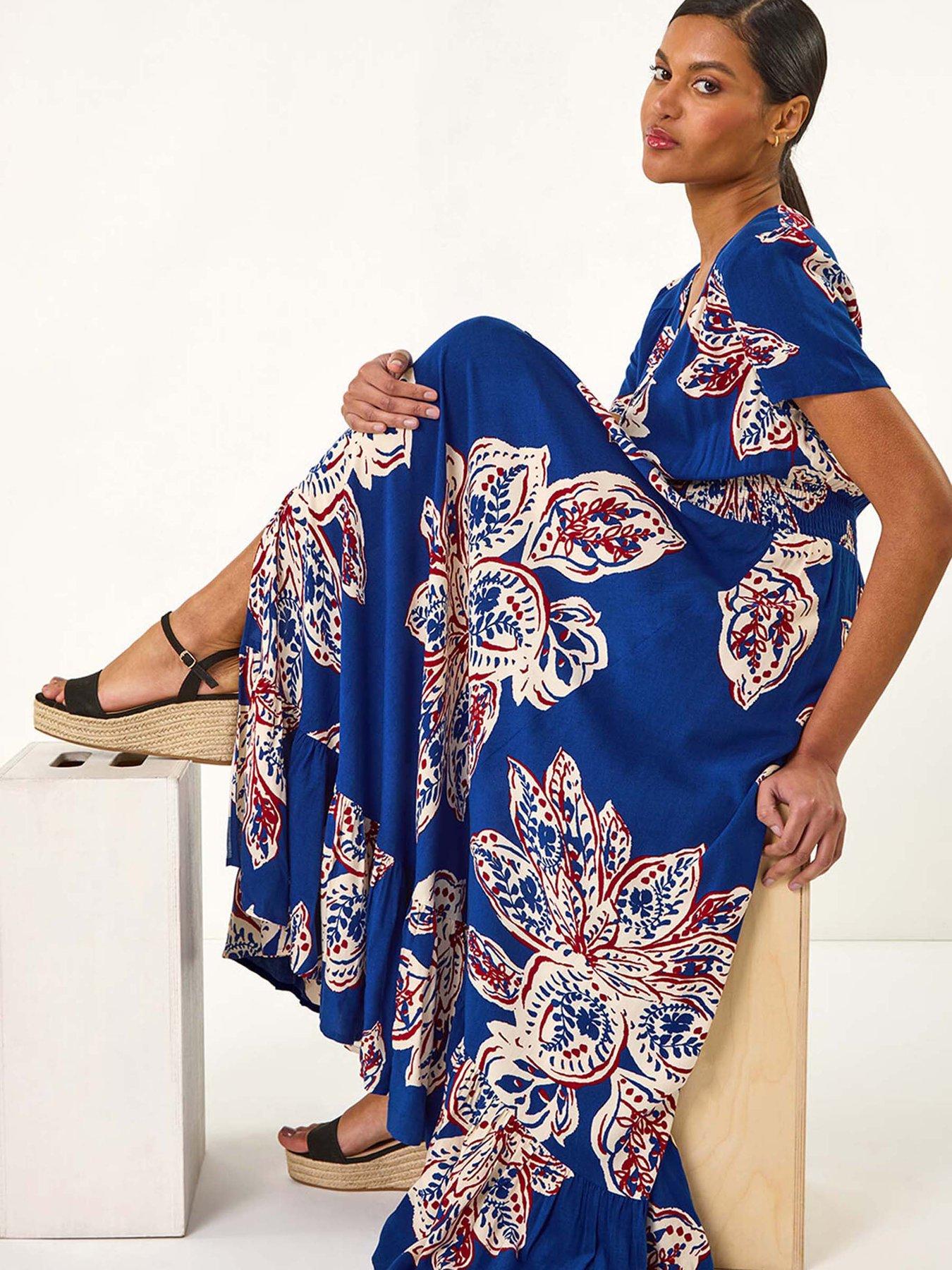 Image 4 of 5 of Roman Leaf Print Shirred Maxi Dress - Blue