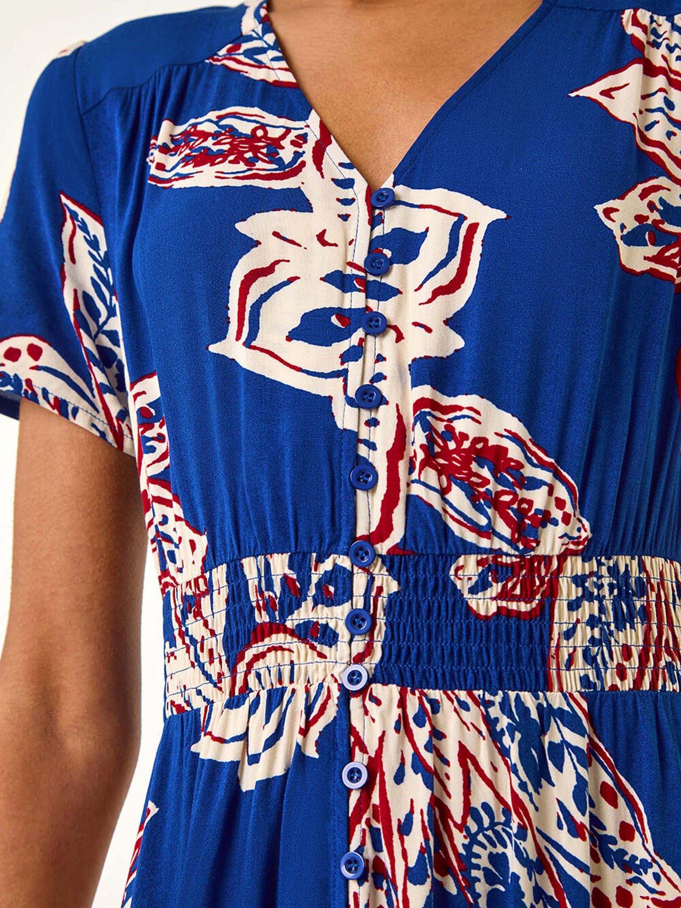 Image 5 of 5 of Roman Leaf Print Shirred Maxi Dress - Blue
