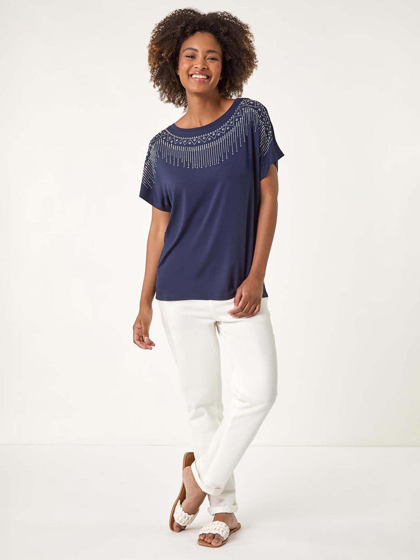  image of roman-hotfix-embellished-stretch-top-navy