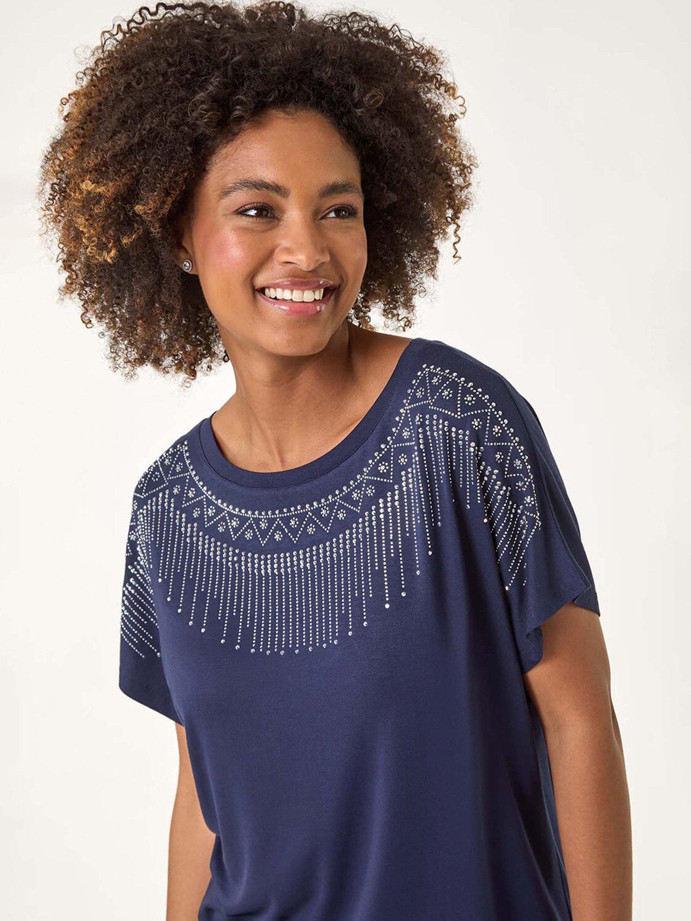  image of roman-hotfix-embellished-stretch-top-navy