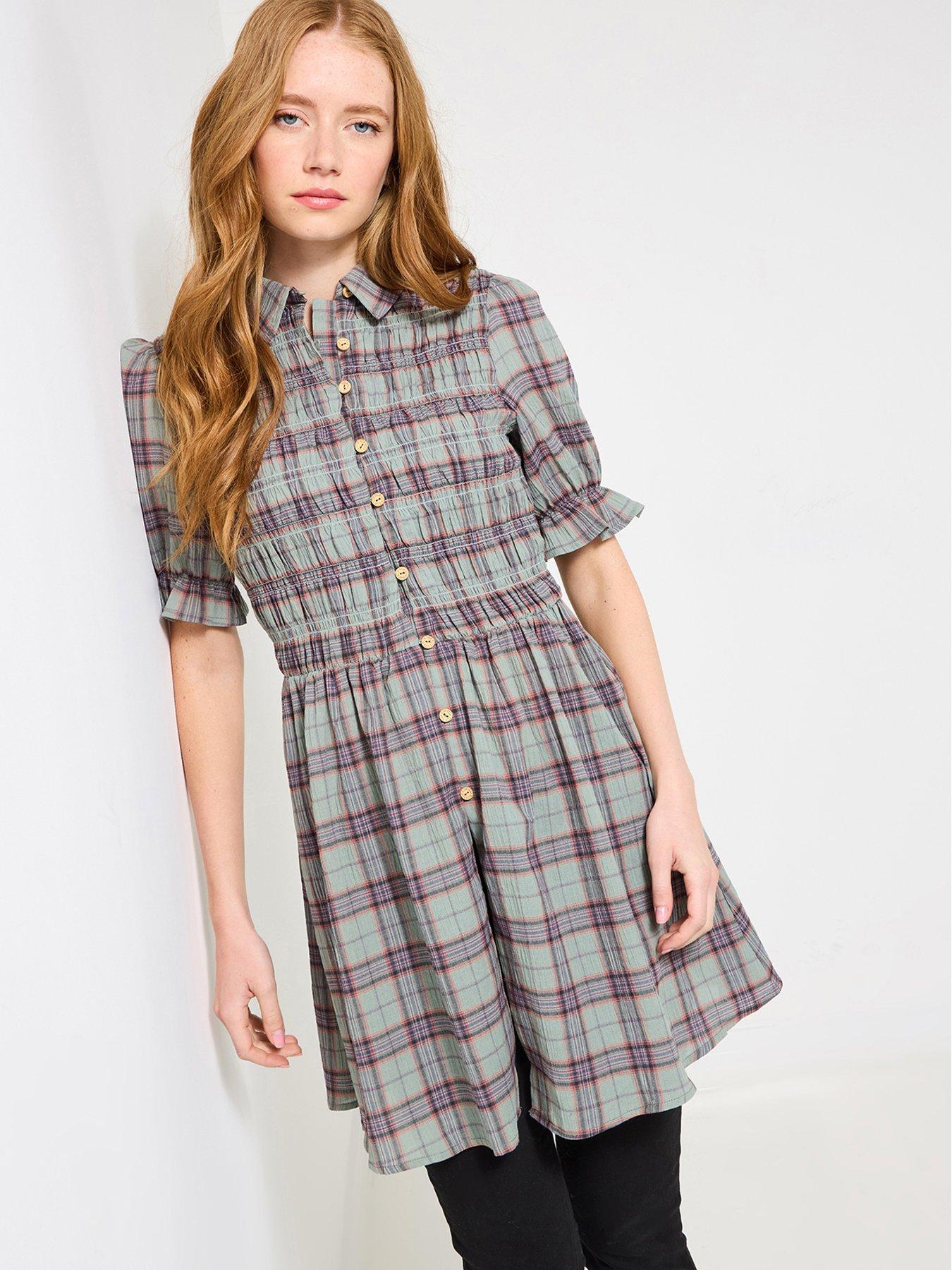 undefined All About The Checks Shirred Tunic Shirt - Green