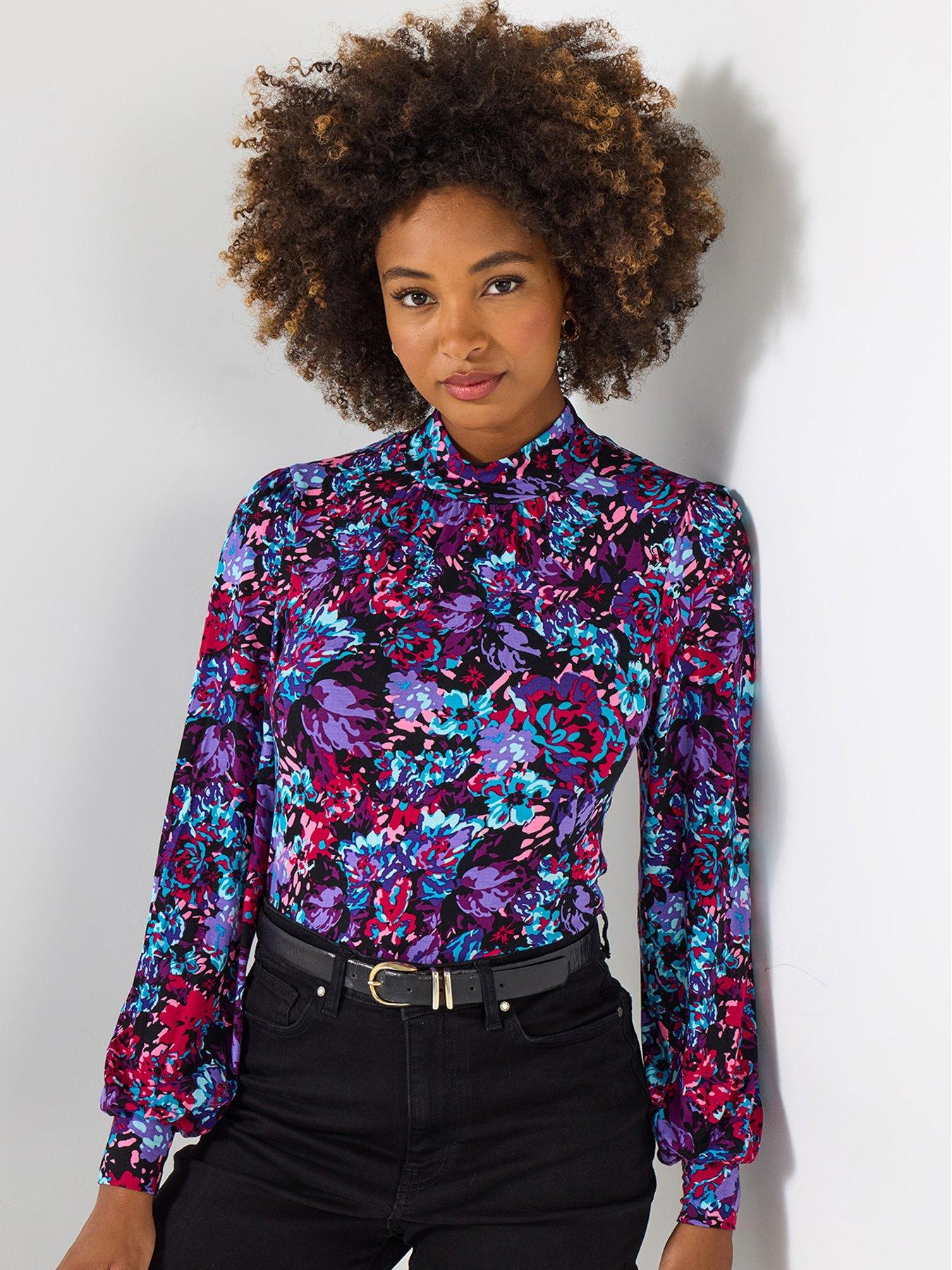 undefined Bright Blooms High Neck Jersey Top - Purple