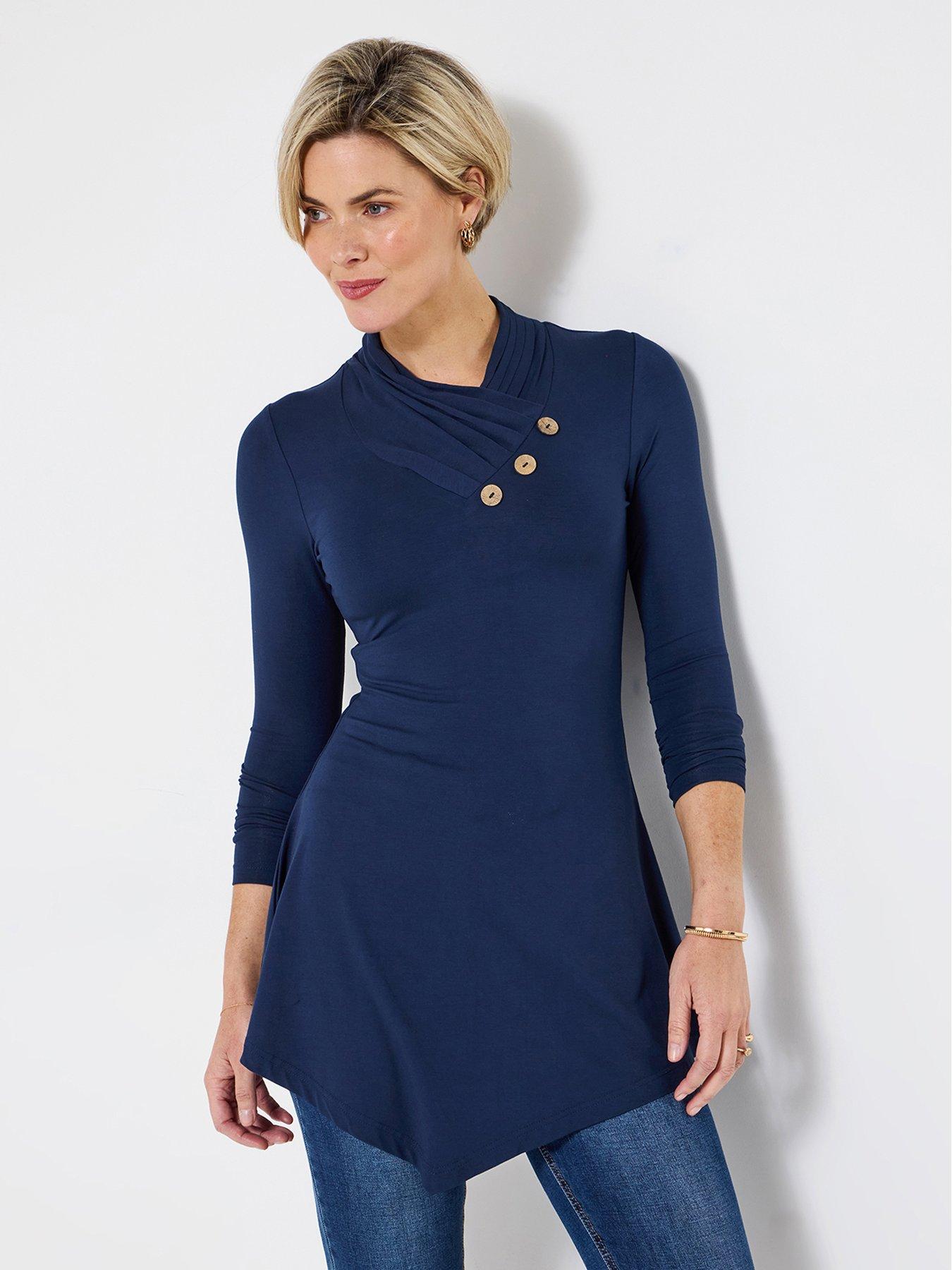 undefined Button Detail Jersey Tunic Top - Midnight Navy