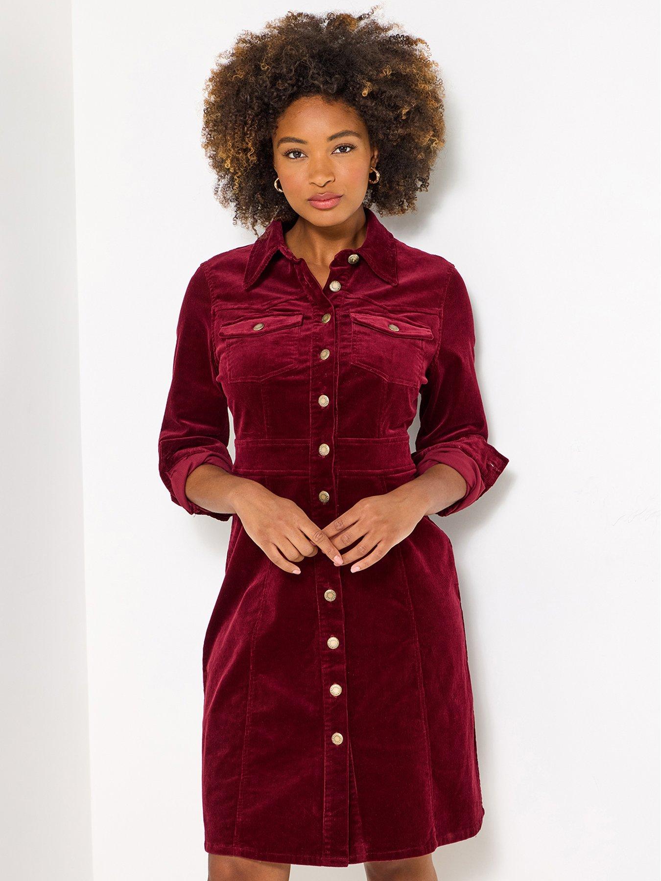 undefined Josie Cord Button Through Dress - Berry