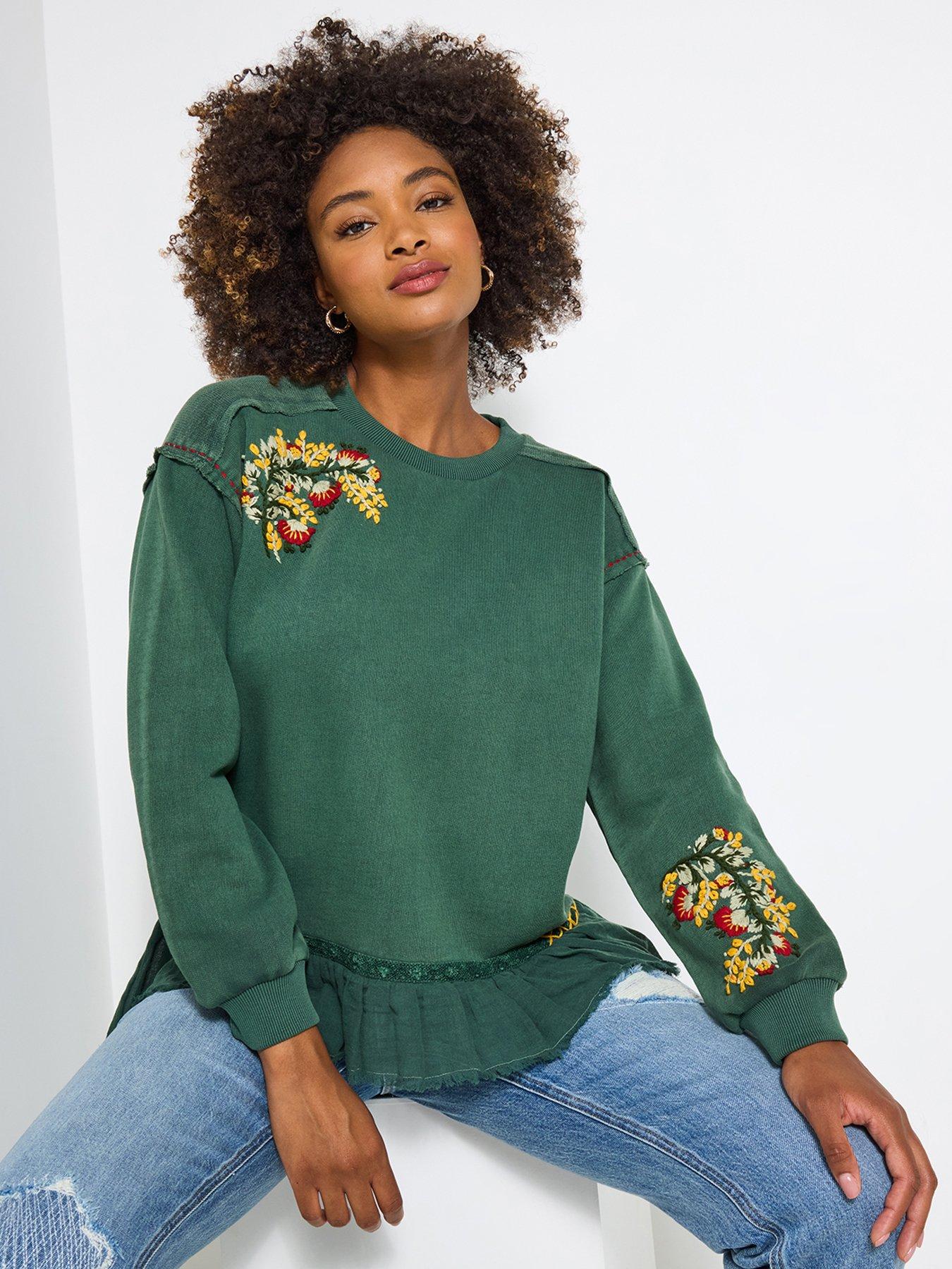 undefined Tilly Embroidered Woven Hem Sweatshirt - Green