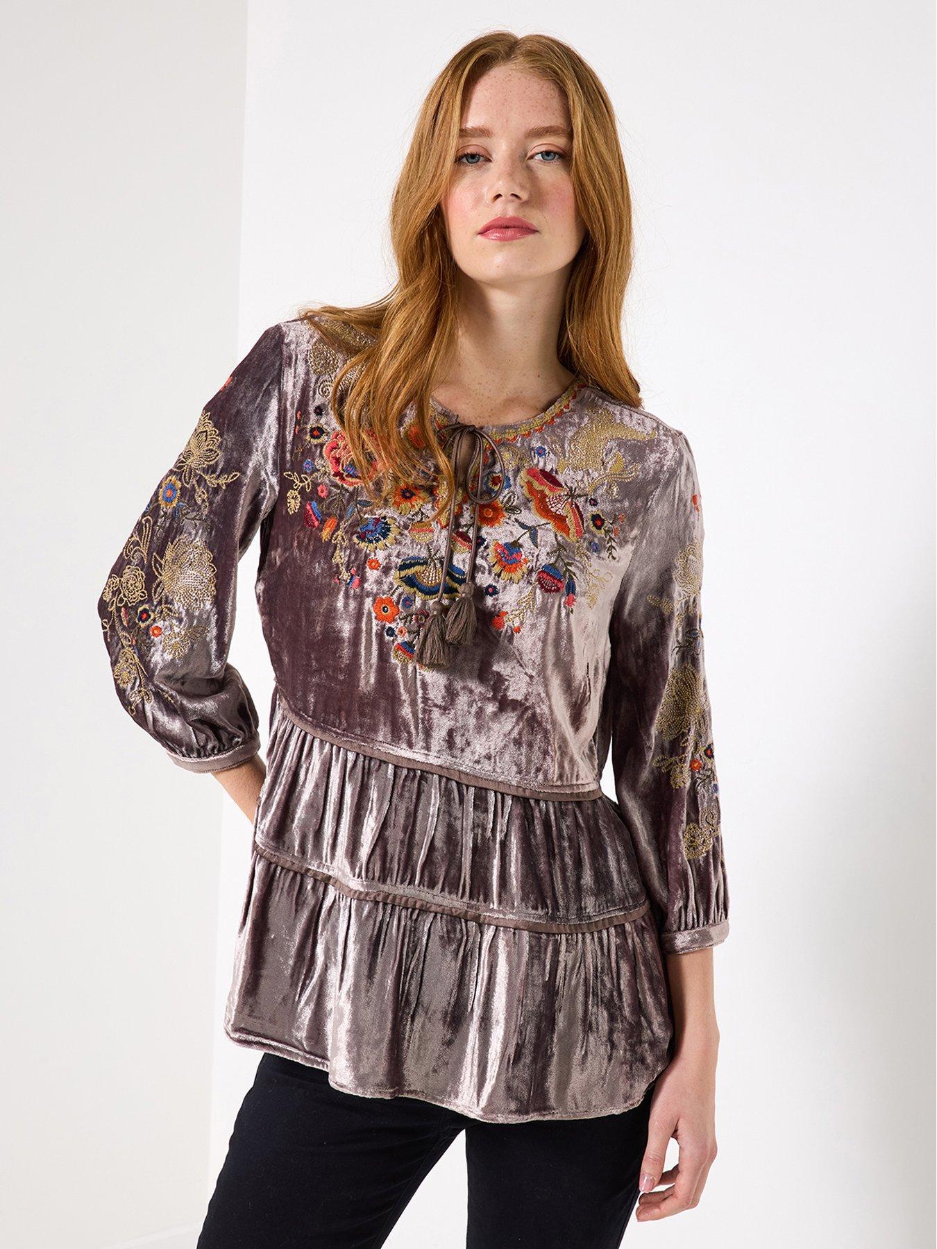 undefined Exquisite Velvet Embroidered Top - Grey