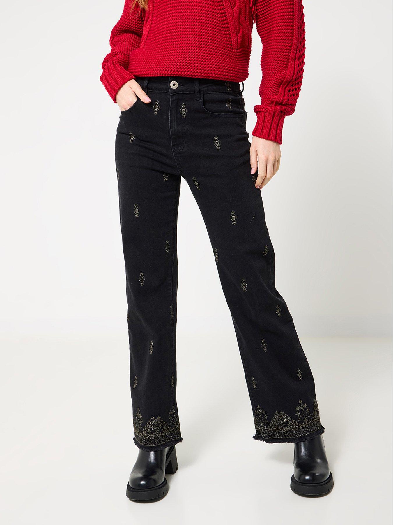 undefined Selena Embroidered Straight Leg Jeans - Black